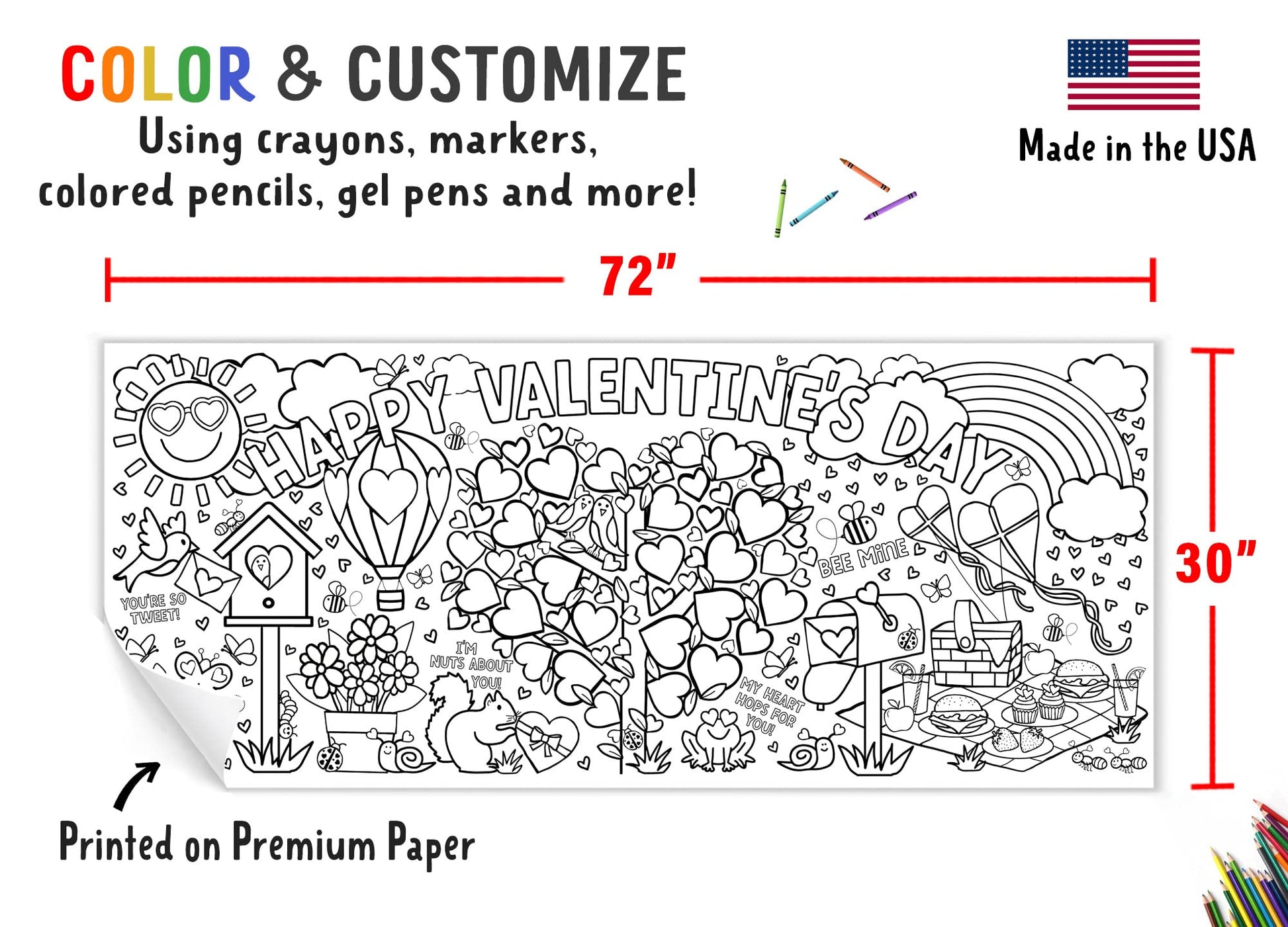 Tiny Expressions Valentines Coloring Tablecloth - Rolled, No Creases 30" x 72" Giant Coloring Poster to Color On - Valentine's Day Activity