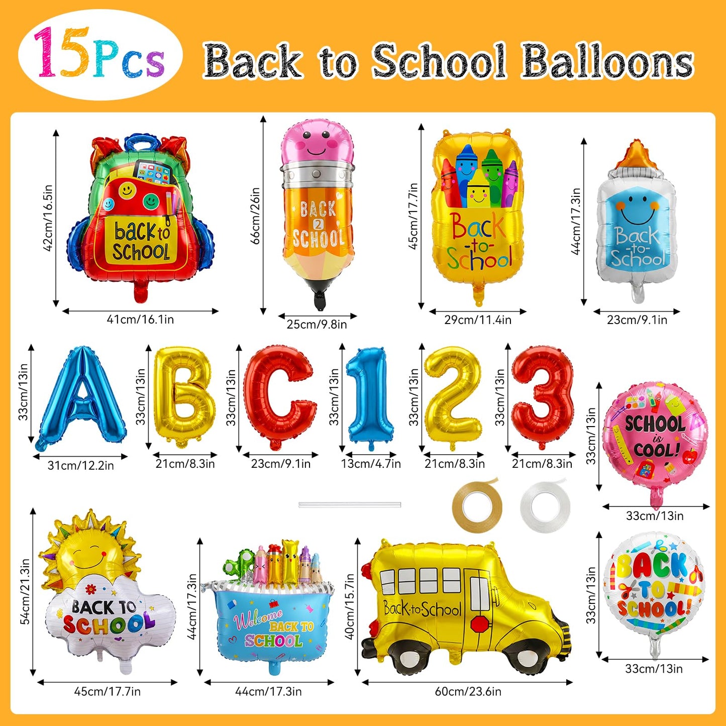 15 Pcs Back to School Balloons First Day of School Decorations Kit with School Bus Pencil Schoolbag & Crayon Box Foil Mylar Balloons for Classroom