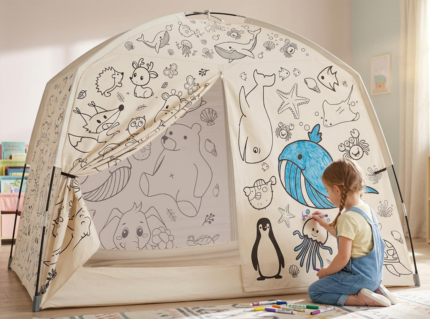 GOLDEN MARS Large Kids Tent with Graffiti DIY Painting, Portable & Foldable Easy Set Up Kids Play Tent, 100% Breathable Twin Bed Tents for Boy Girl