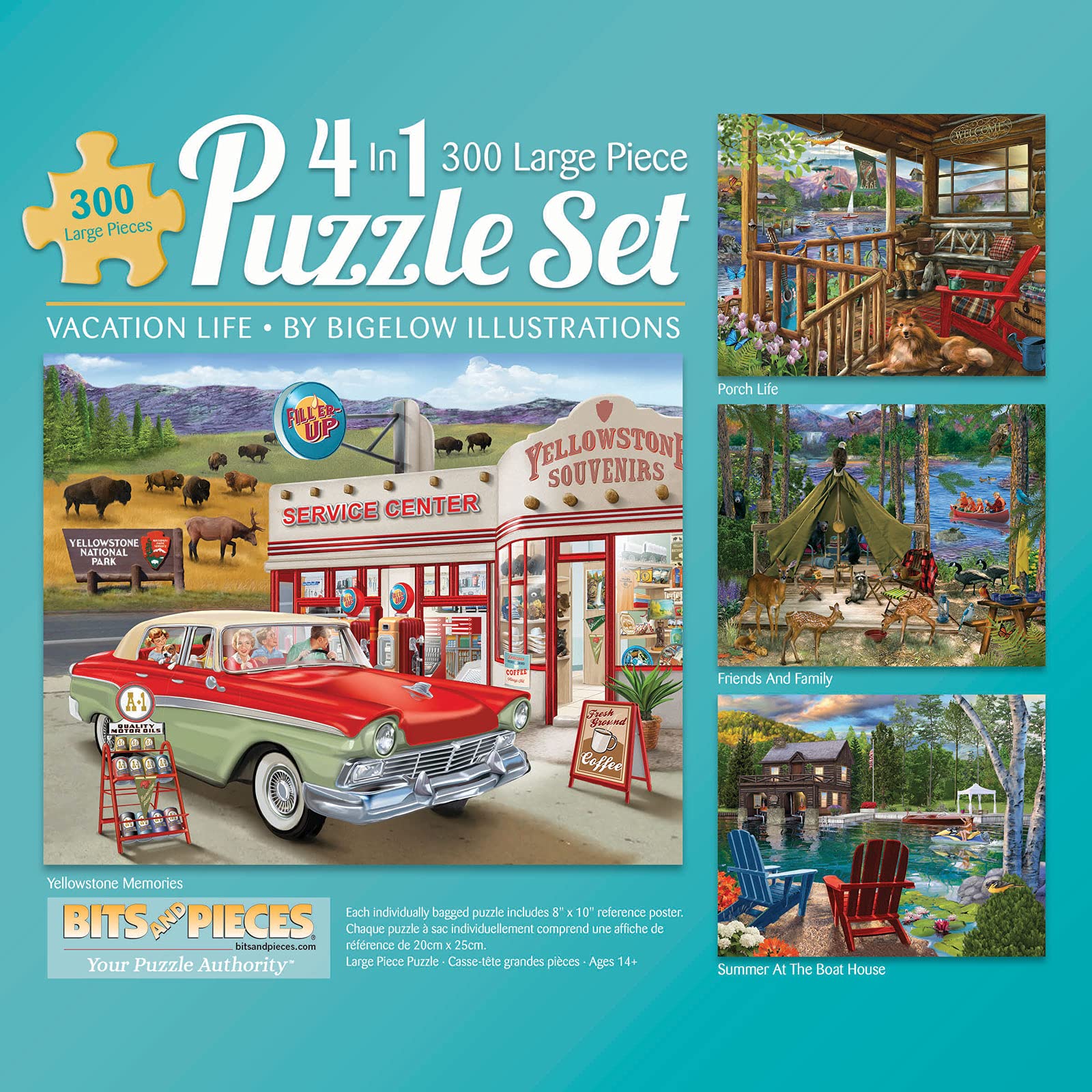 Bits and Pieces - 4-in-1 Multi-Pack Large 300 Piece Jigsaw Puzzles for Adults - Jigsaw Puzzle Set Bundle by Bigelow Illustrations, Completed Puzzle