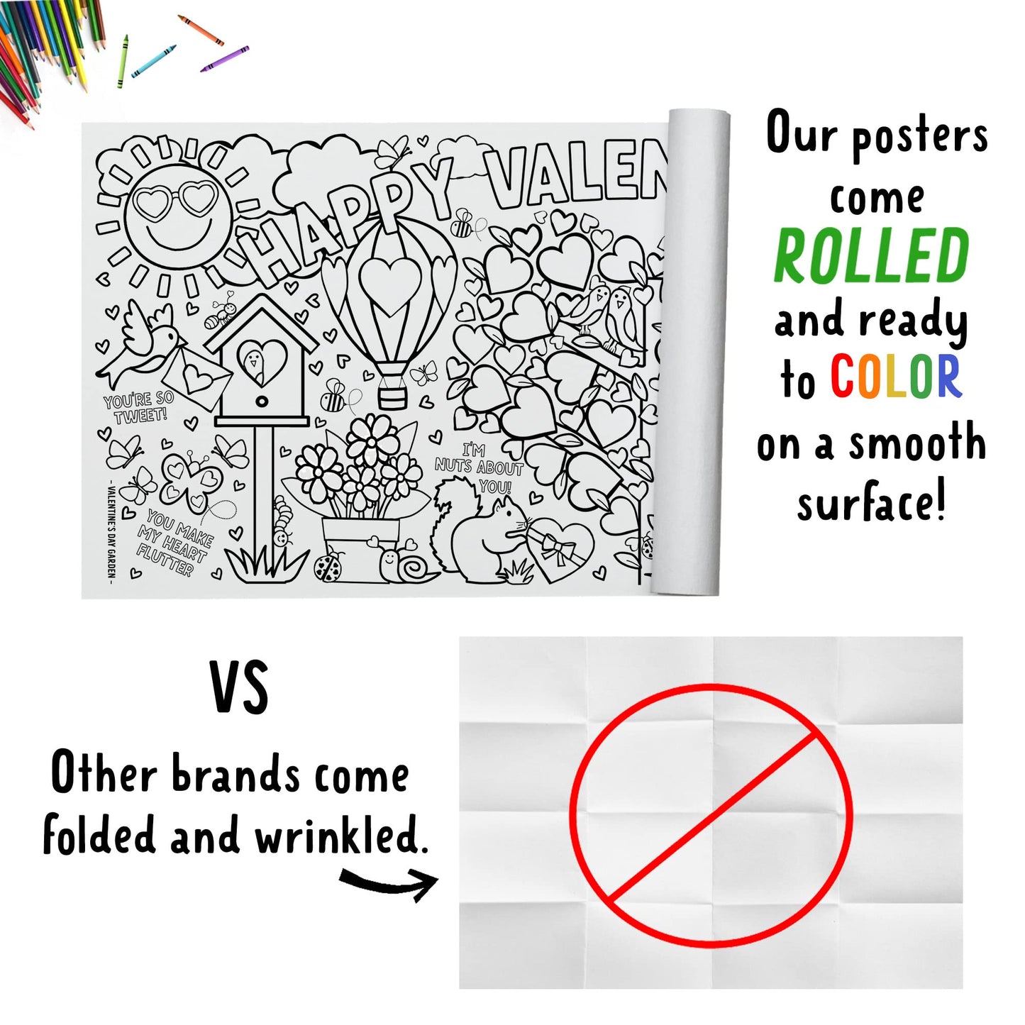 Tiny Expressions Valentines Coloring Tablecloth - Rolled, No Creases 30" x 72" Giant Coloring Poster to Color On - Valentine's Day Activity