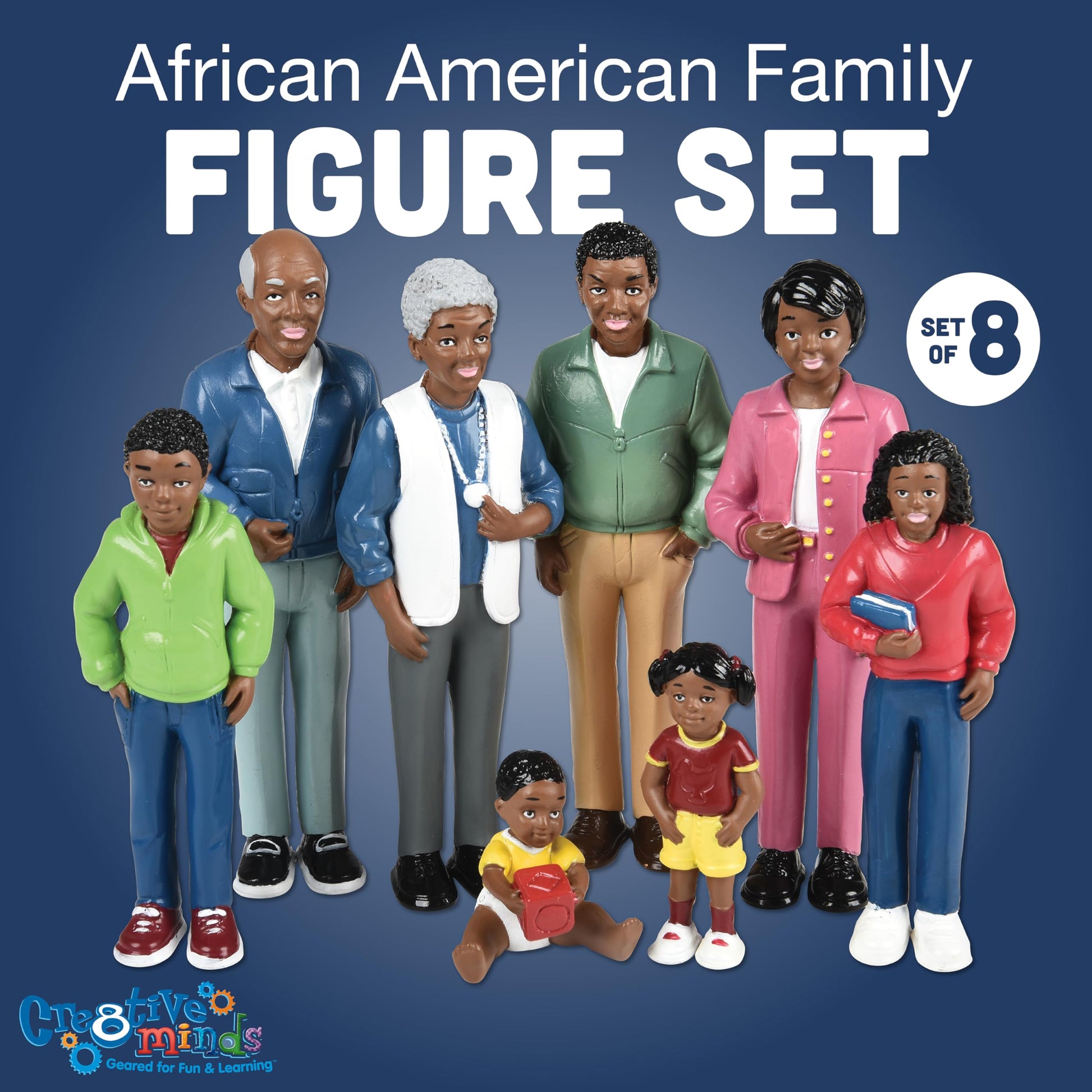 Creative Minds Marvel Education African American Family Toy Figure Set for Kids Ages 3+, Set of 8 Inclusive and Diverse Dollhouse Toy Figurines