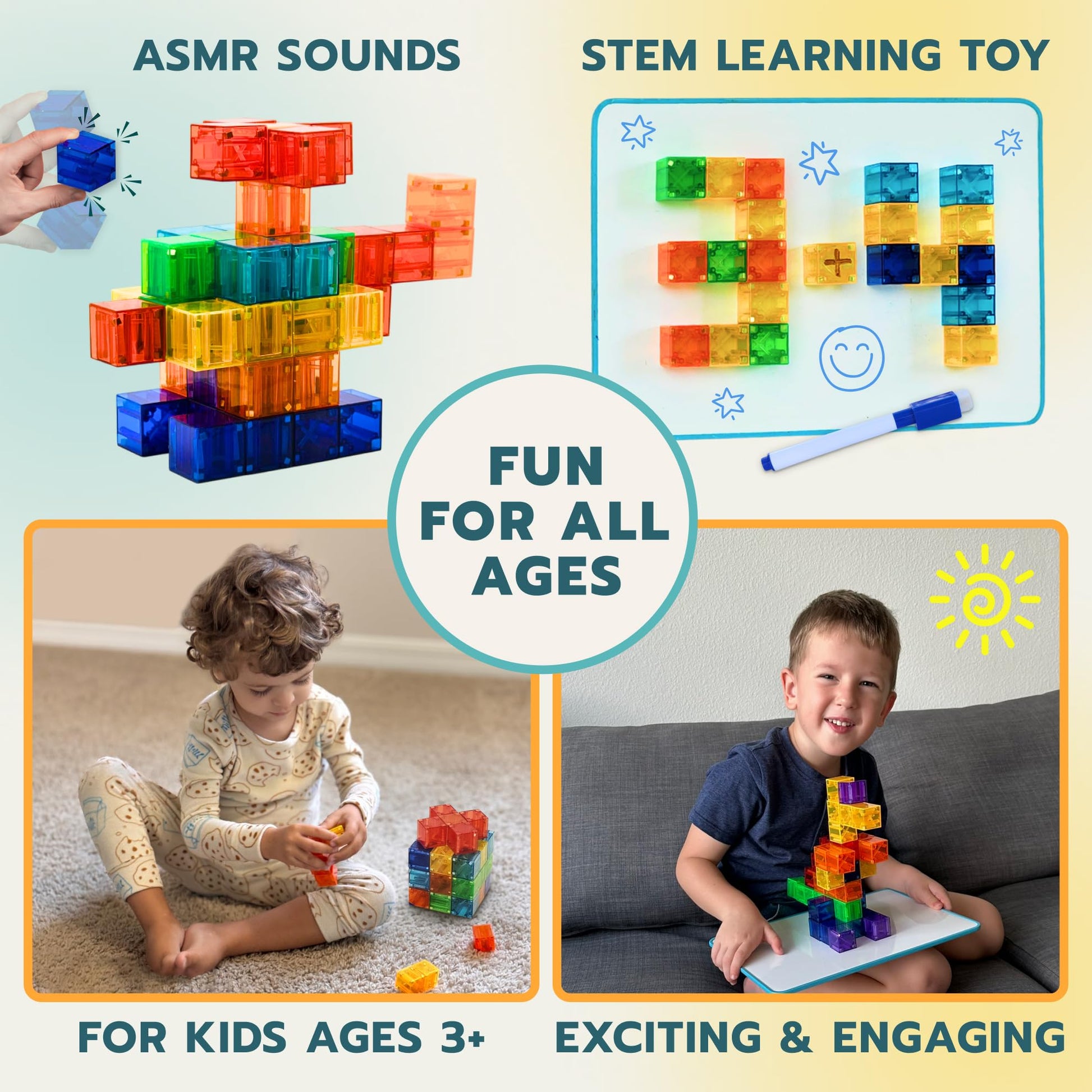 OLEZAR 48pcs Magnetic Transparent Blocks, 1inch, 2-in-1 STEM Set with Board, Marker & Book, Educational Building Toy for Kids 3-5, Learning Building