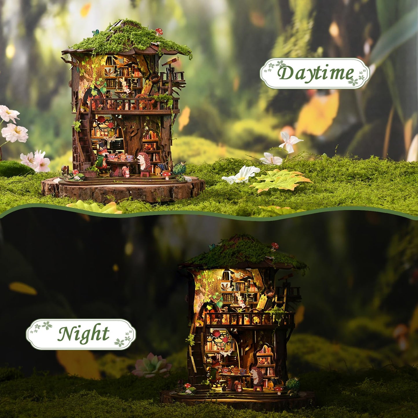 qpdbookpd DIY Book Nook,Buchstütze Aus Holz und 3D-Puzzle mit LED-Licht, bastelset Erwachsene?mini Book Nook,Weihnachten Geburtstag Geschenke(Forest