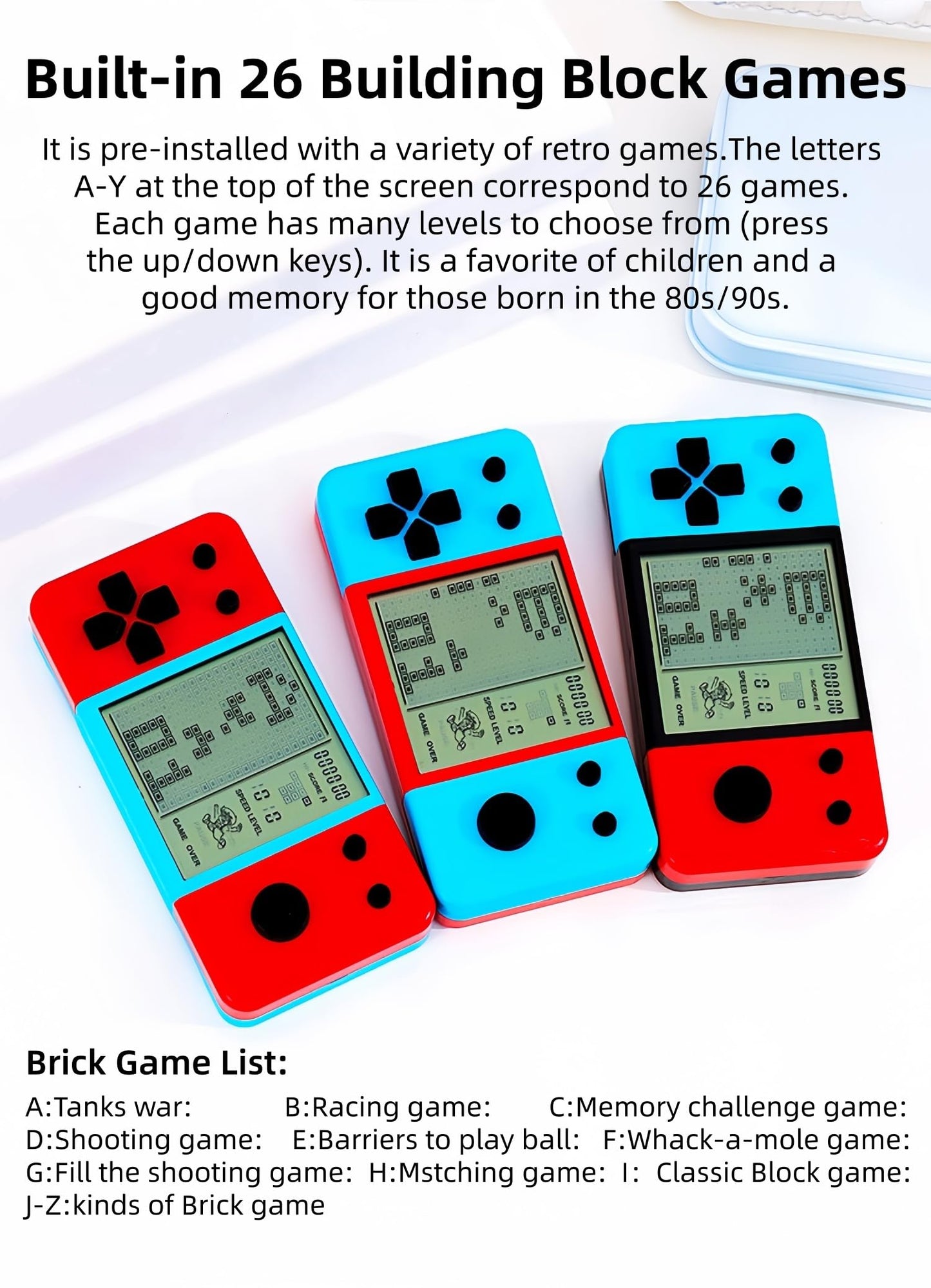 CUZCOP Retro Brick Game Game Blue-red Color Design Built-in 26 Cube Block Games Leisure Entertainment Electronic Block Puzzle Children/Student/Parents
