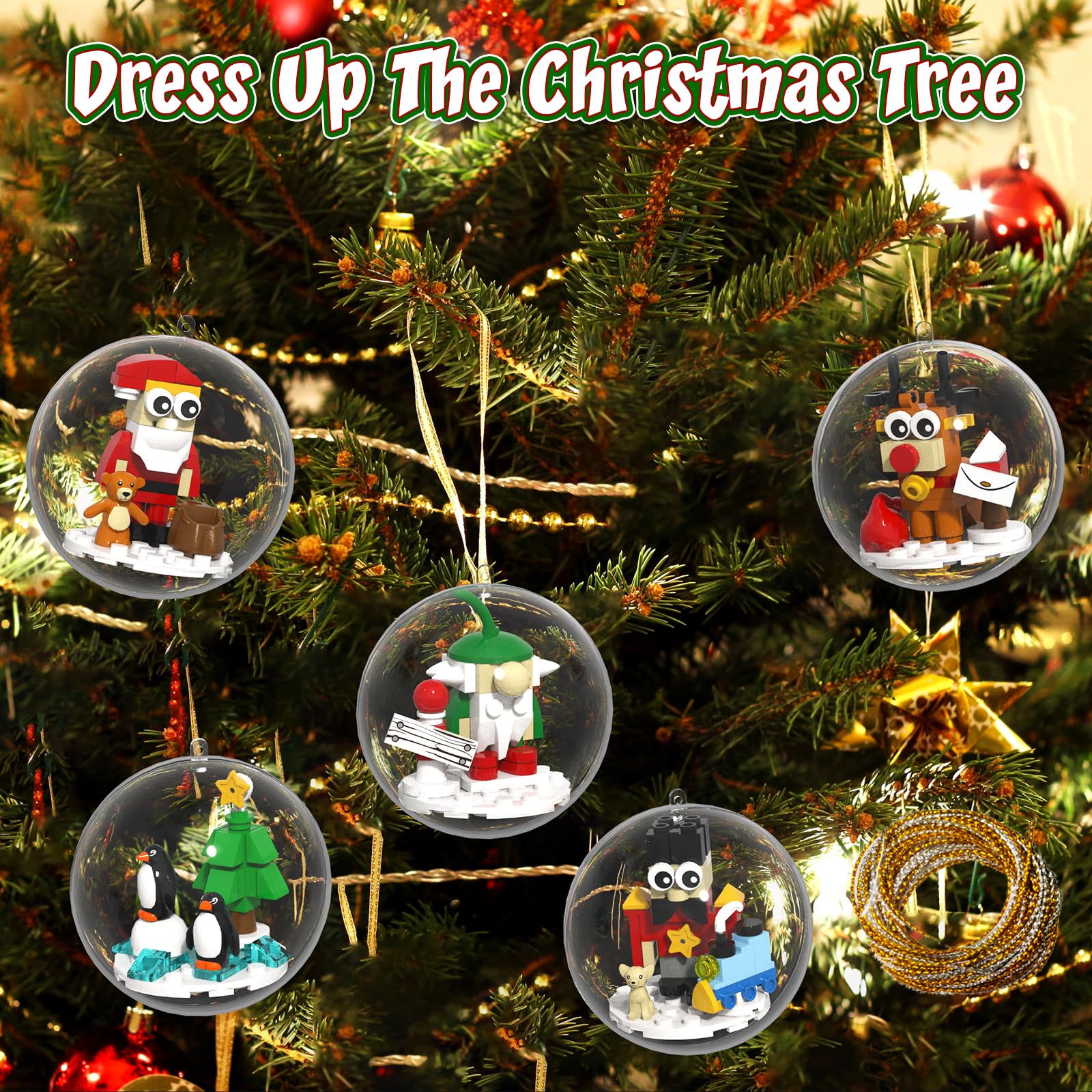 aphpaio Christmas Tree Ornaments Building Blocks Christmas, 2025 Christmas Decorations Ball Toys Included Santa Reindeer Nutcracker Gnome Penguin