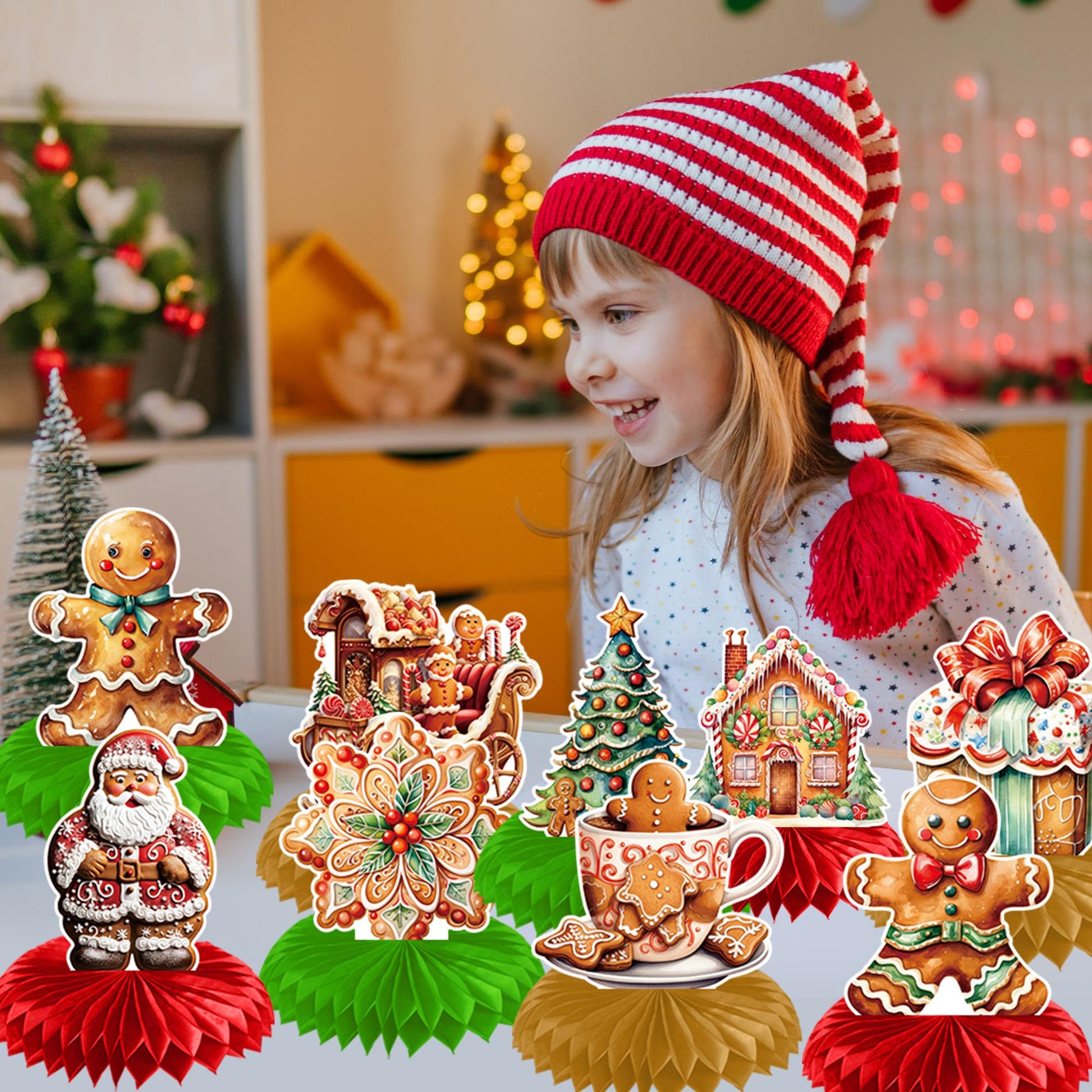 EUVBOKW 9 Pcs Gingerbread Honeycomb Centerpieces,Gingerbread House Party Decorations for Christmas Party Table Decor Holiday Favor Supplies