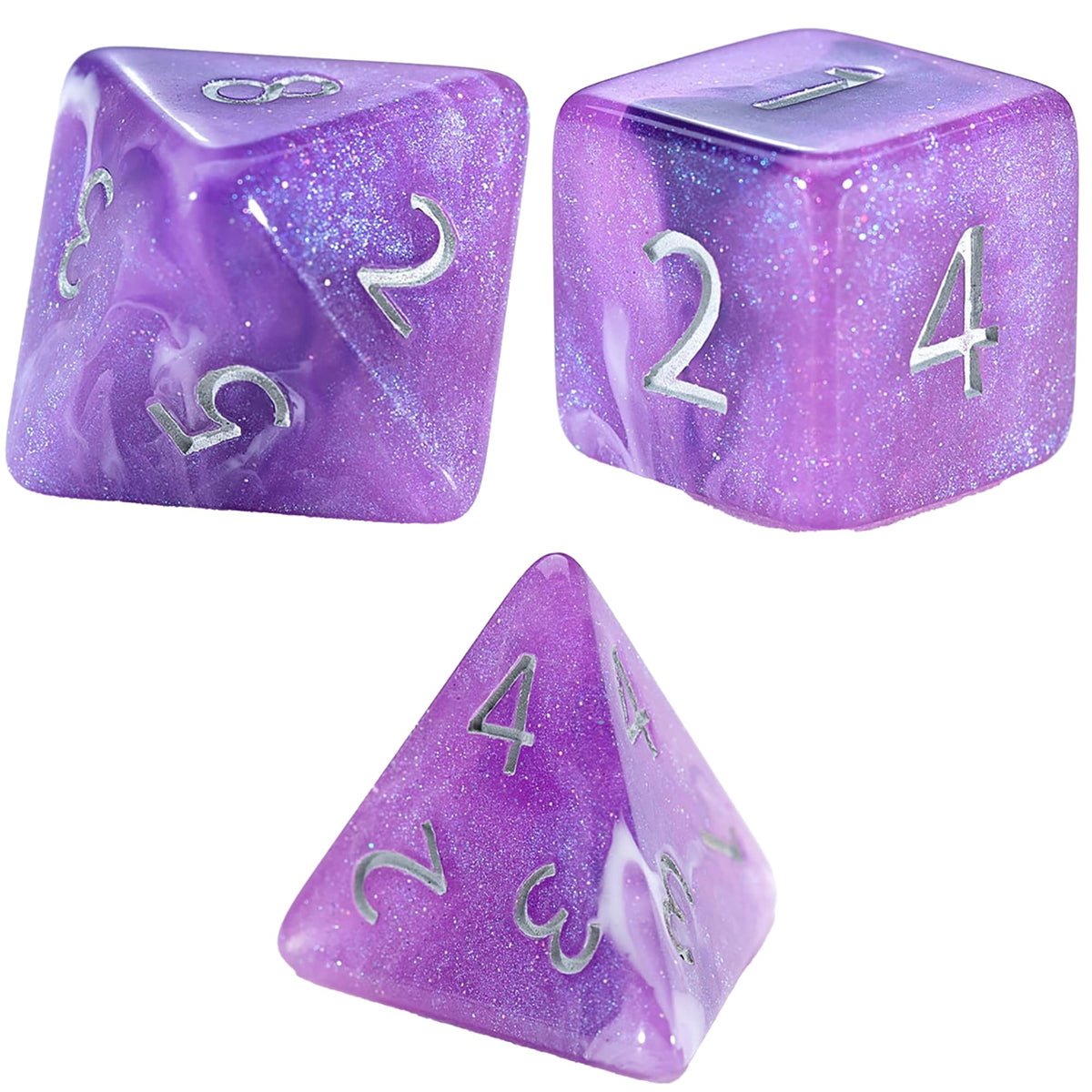Gate Keeper Games and Dice: Aether Dice: Amethyst - 7pc Set, Purple & White Glitter Swirl, 7 Resin Dice for Role Playing Games