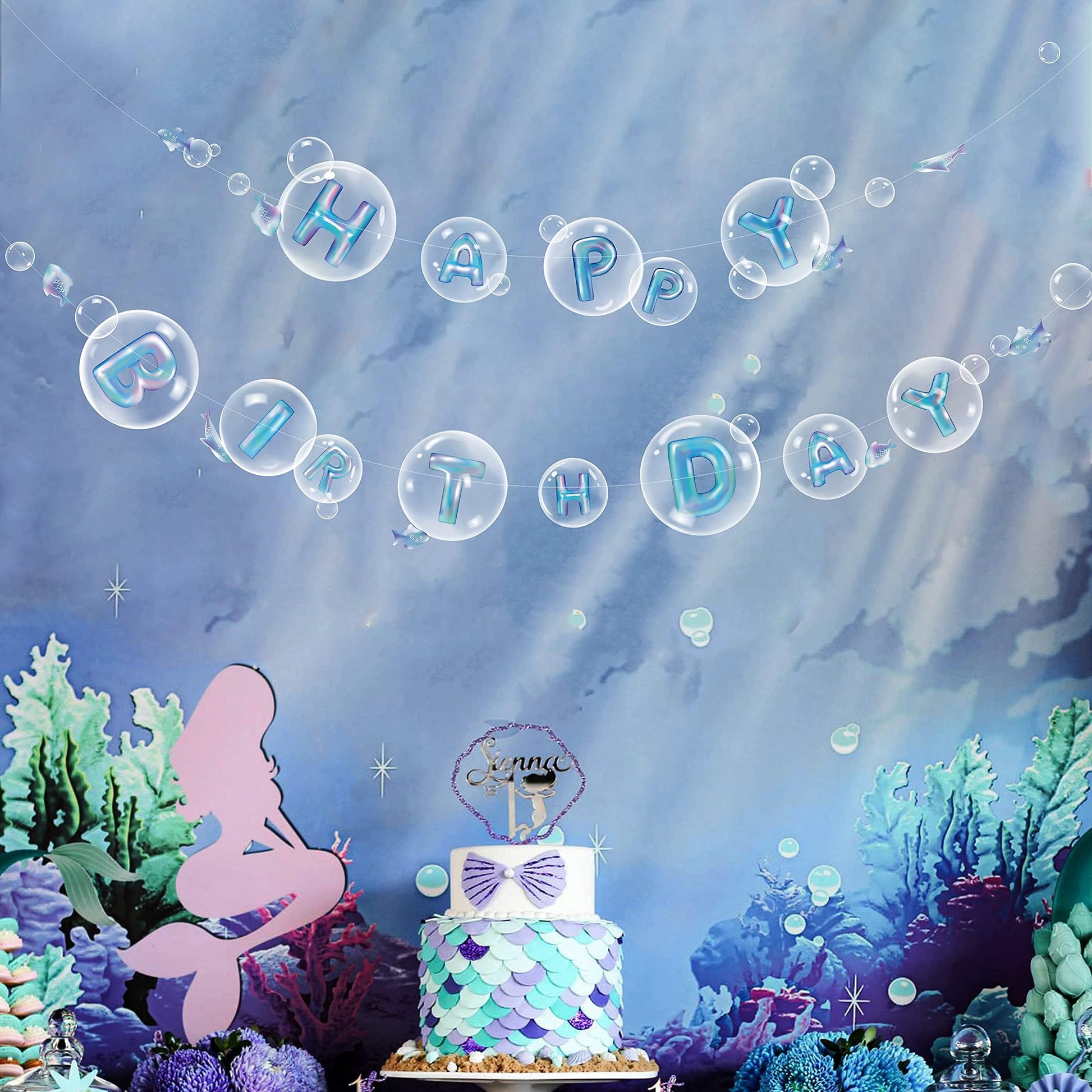 Cheerland Ocean Happy Birthday Banner Under the Sea Bubble Party Decorations Mermaid Birthday Decoartion for Kids Hanging Banner Underwater Garlands