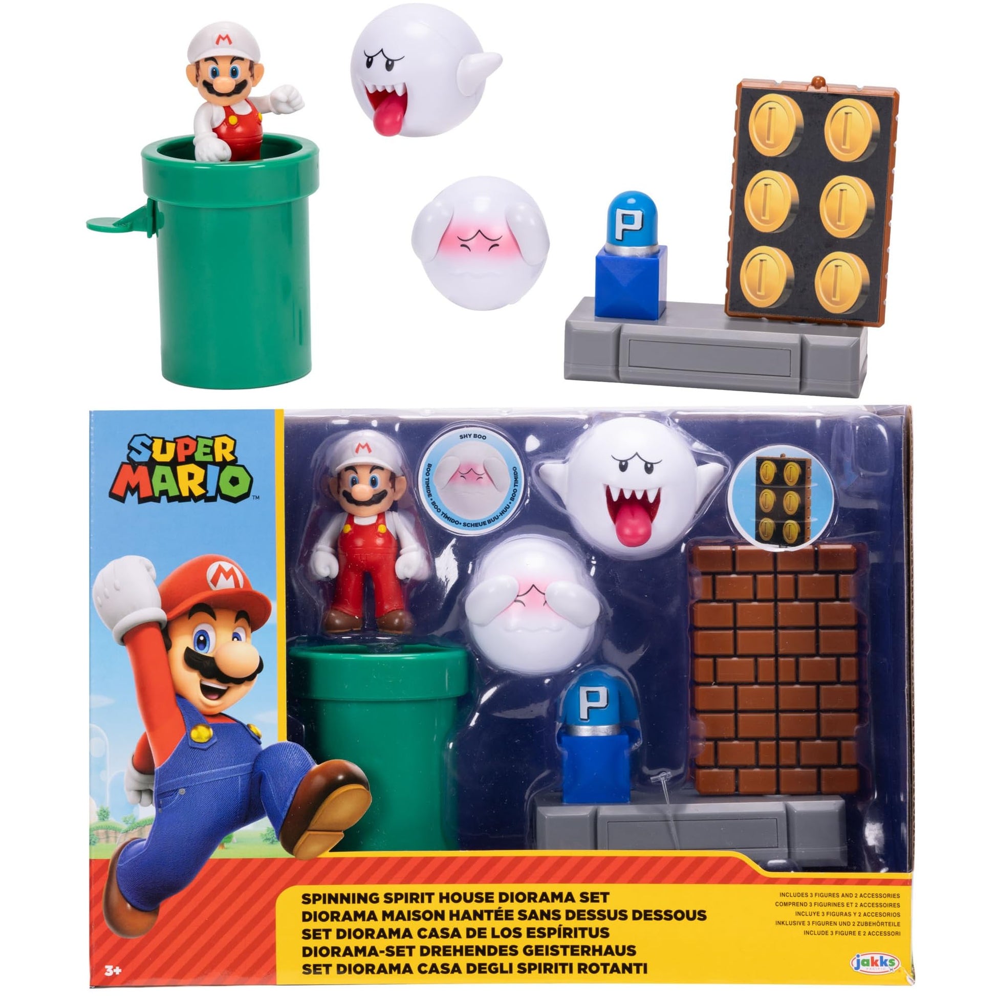 Super Mario Action Figures Spinning Spirit House Diorama Playset with 2.5-Inch Fire Mario Figure, Shy Boo, Boo, Green Pipe and Rotating Brick Wall