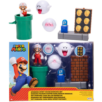 Super Mario Action Figures Spinning Spirit House Diorama Playset with 2.5-Inch Fire Mario Figure, Shy Boo, Boo, Green Pipe and Rotating Brick Wall