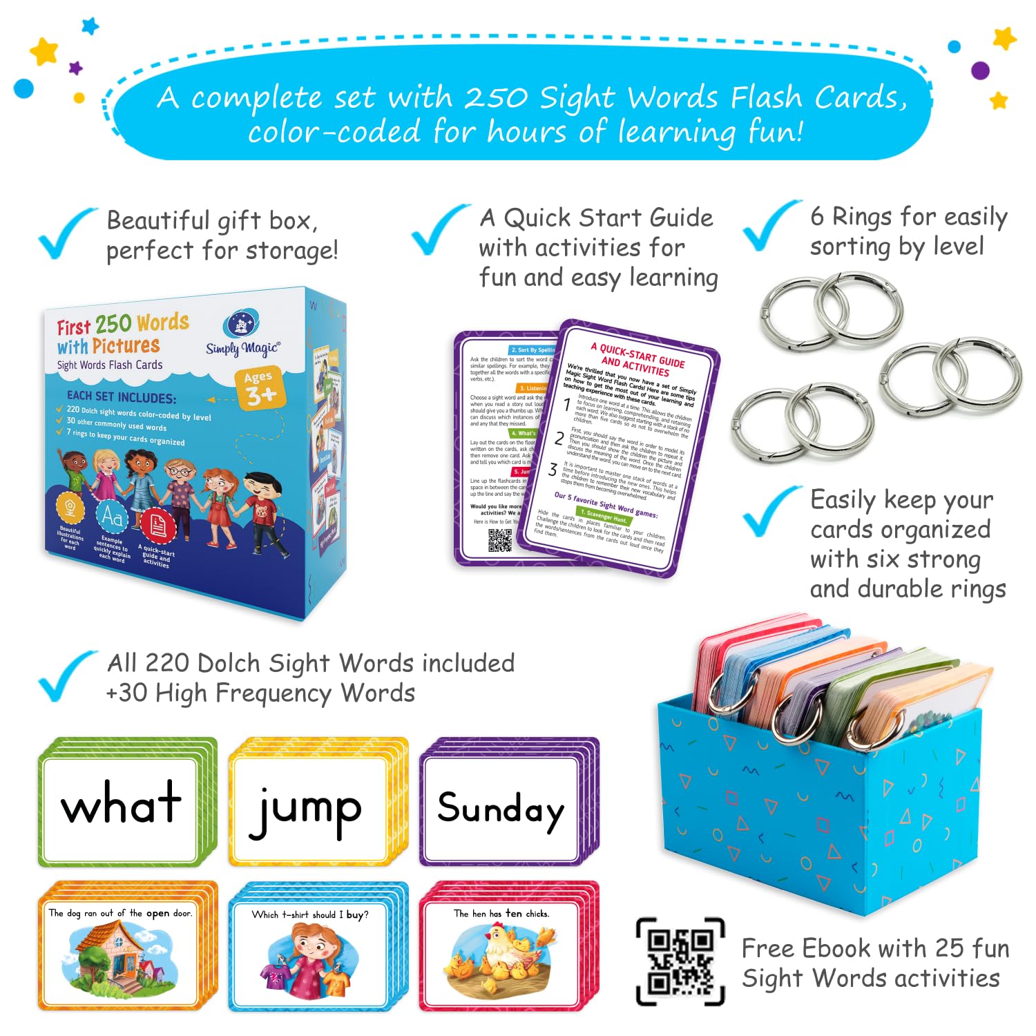250 Sight Words Flash Cards for Kindergarten with Pictures, Dolch Sight Words Pre-K for Toddlers 3 4 5 6 7 8 Years, High Frequency Words Reading Cards