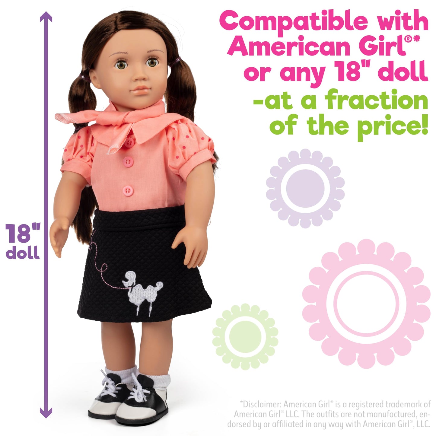 Dress Along Dolly Poodle Skirt Doll Outfit - Compatible w American Girl 18" Dolls (5 Piece Set) - 1950's Costume Clothes Set Includes Scarf, Skirt
