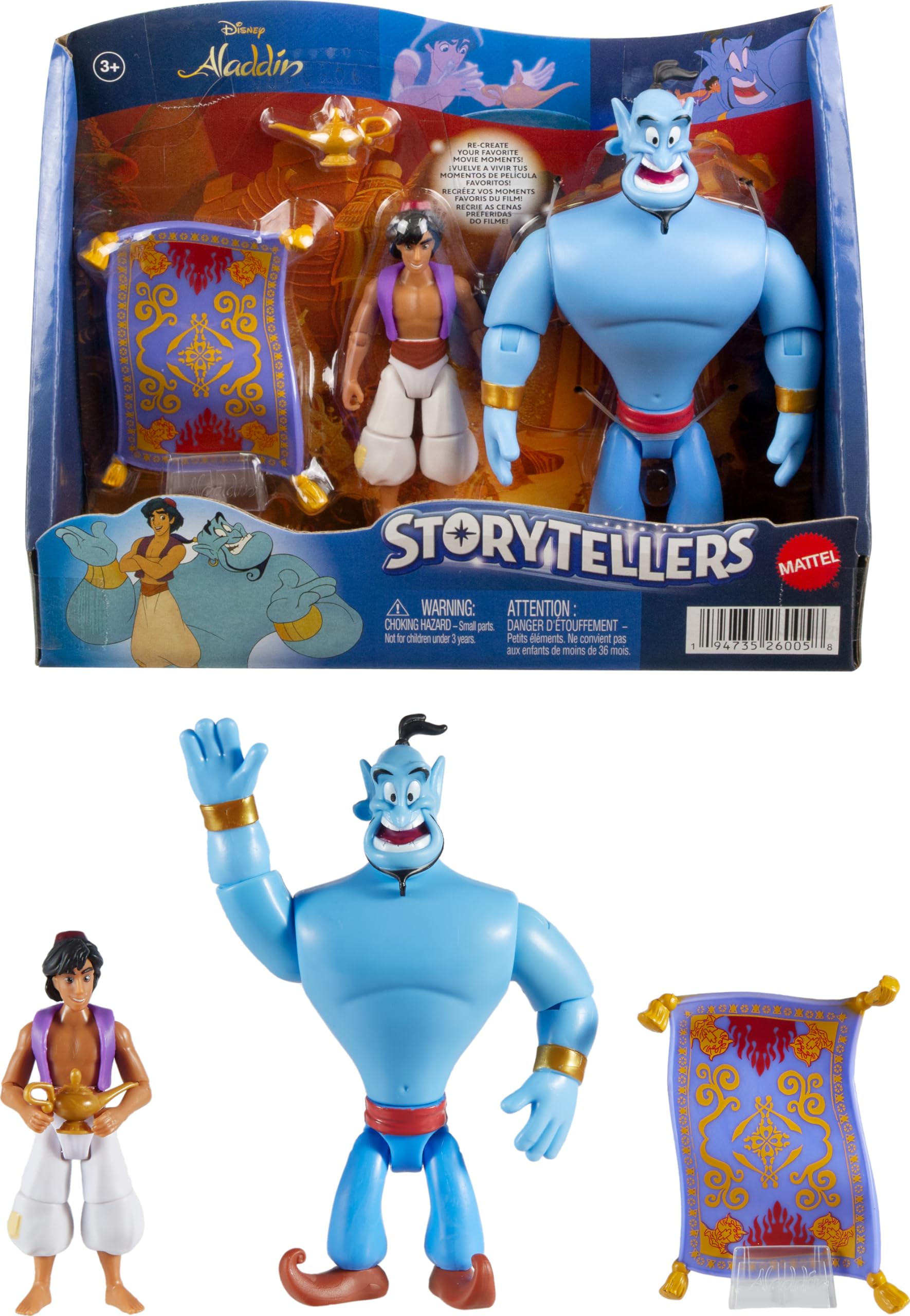 Disney Aladdin Storytellers Pack of 3 Figures Genie, Aladdin and Magic Carpet, Cave of Wonders Authentic Posable Movie Toys 4 Inch Scale