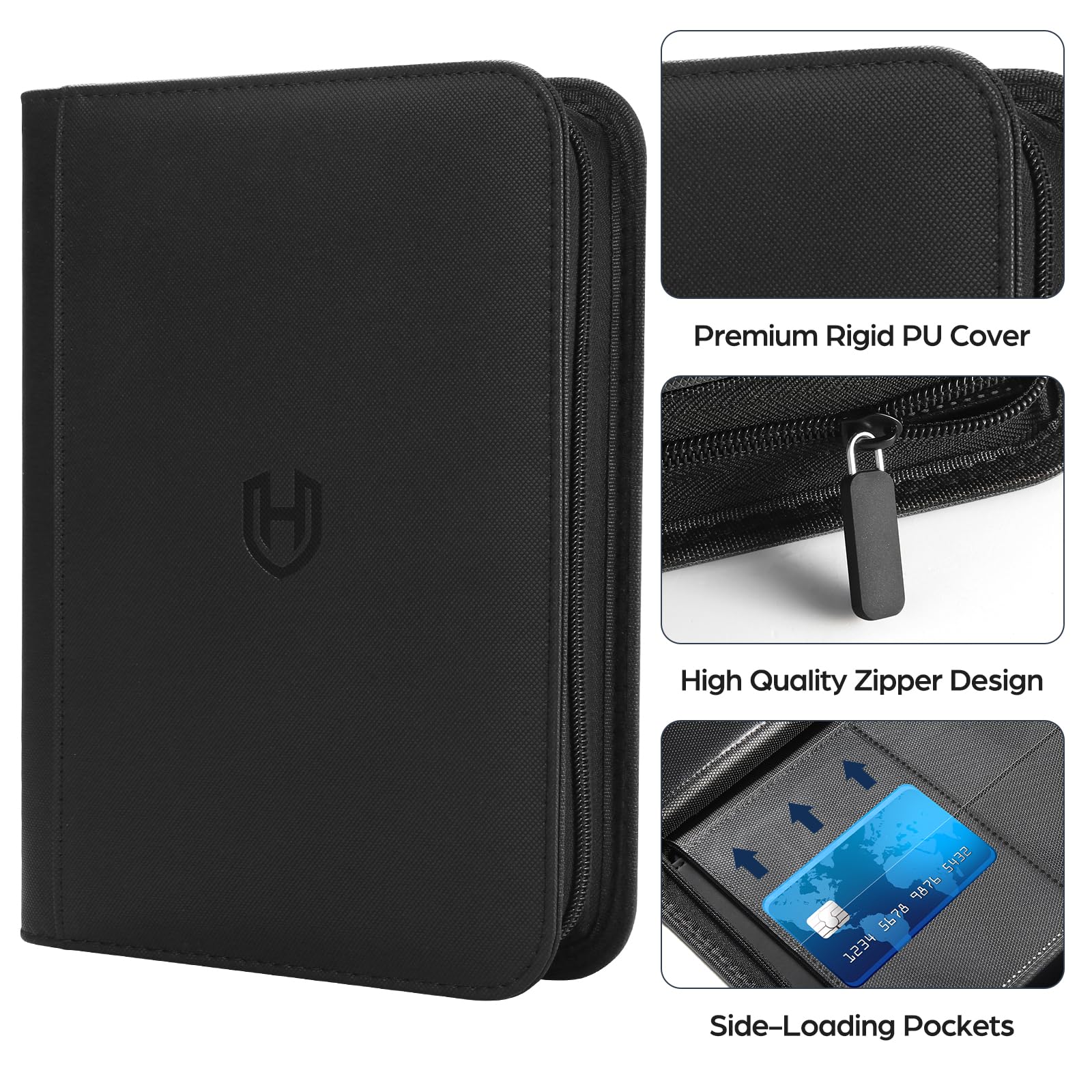 Card Binder 4 Pocket with Zipper, 288 Pockets Trading Card Holder Book, Premium PU Cover Zip Folder Binder, Side Loading Carrying Case Binder Album
