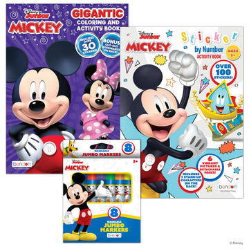 Disney Junior Mickey Mouse Coloring Book and Activity Set, Sticker by Number Book, Washable Jumbo Markers, 3-Piece Bundle for Kids Ages 3+