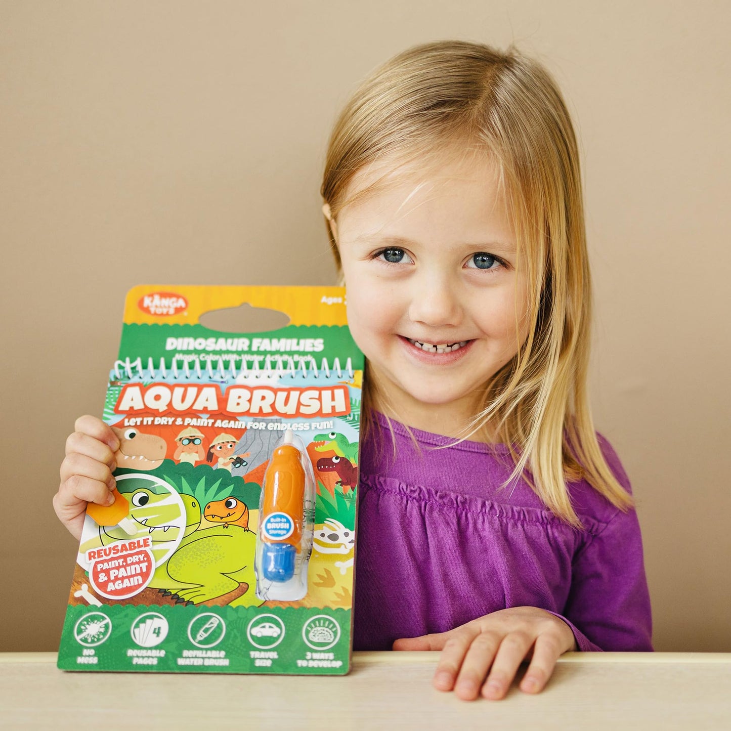 KangaToys Dinosaur Families Aqua Brush Activity Book - Reusable Water Coloring, Travel-Friendly Fun for Kids