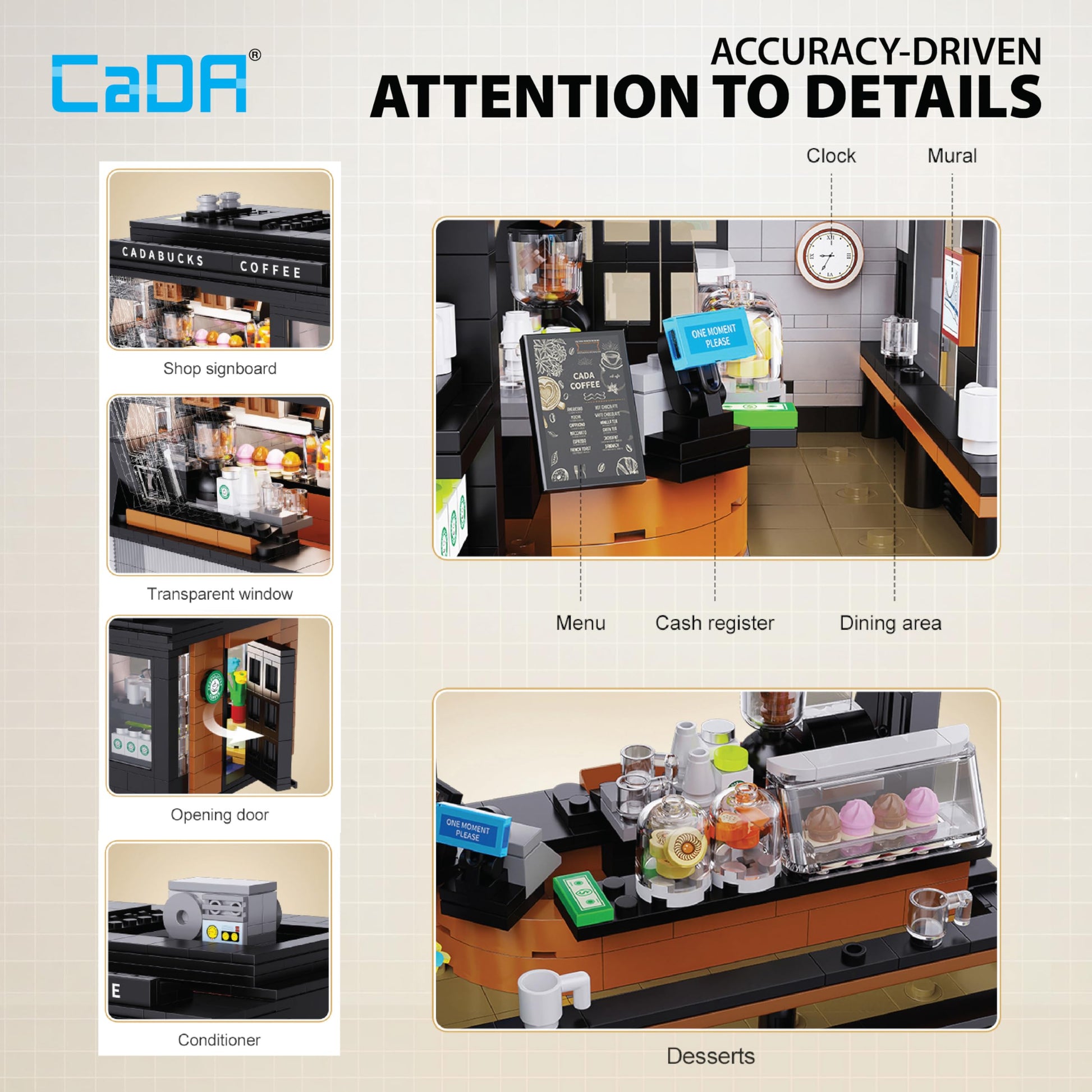 CADA Bricks Coffee Shop Building Set with LED Lighting - 768 Pieces, Detailed Café Model Kit, Compatible with Major Brick Brands, Ages 8+, Gift-Ready