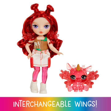 Rainbow High Littles Rainbow Fantasy Fairies + Pet - Apple, Red 5.5" Posable Small Doll & Fantasy Deer Pet with Interchangeable Fairy Wings, Kids Gift