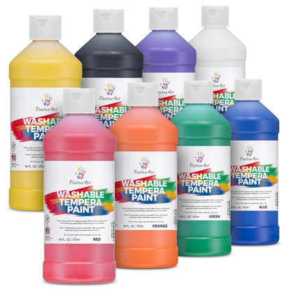 Positive Art Washable Paint for Kids - (8 Colors, 16 oz Each) Made in USA, Non-Toxic Tempera Paint Set - Bulk Classroom Paints for Students, Finger