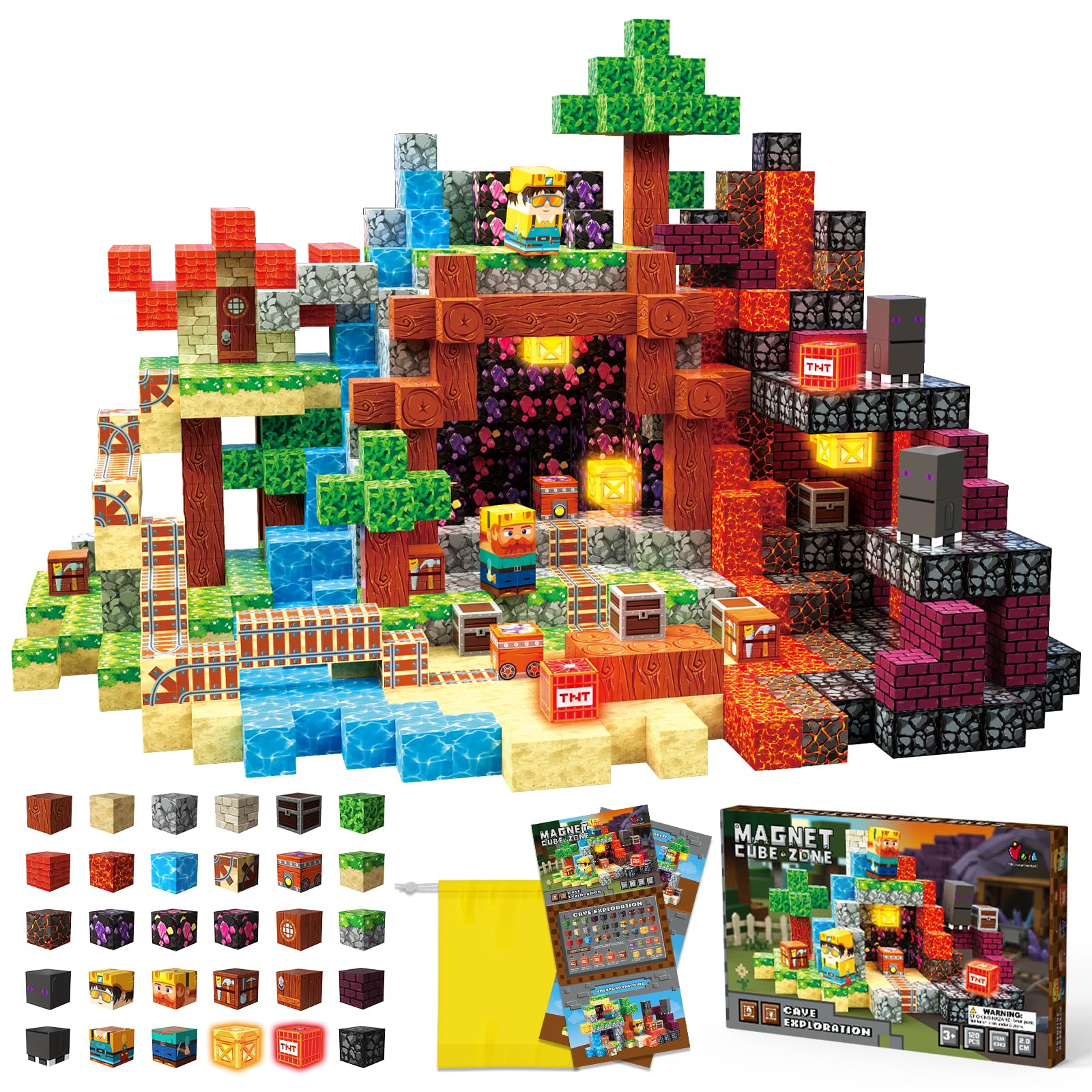 FunsBloomify Magnetic Blocks 120PCS Cave Adventure | STEM Educational Building Toys for Kids Age 3+, Creative Stacking Construction Set with 0.8in