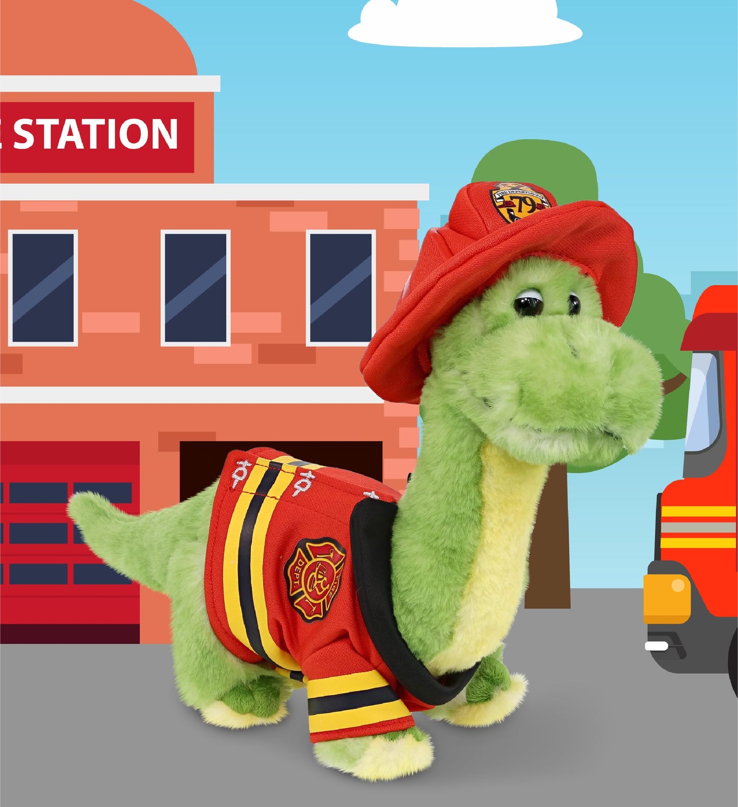 DolliBu Green Dinosaur Firefighter Stuffed Animal with Name Personalization - Super Soft Dinosaur with Red Fireman Costume Outfit and Fireman Hat