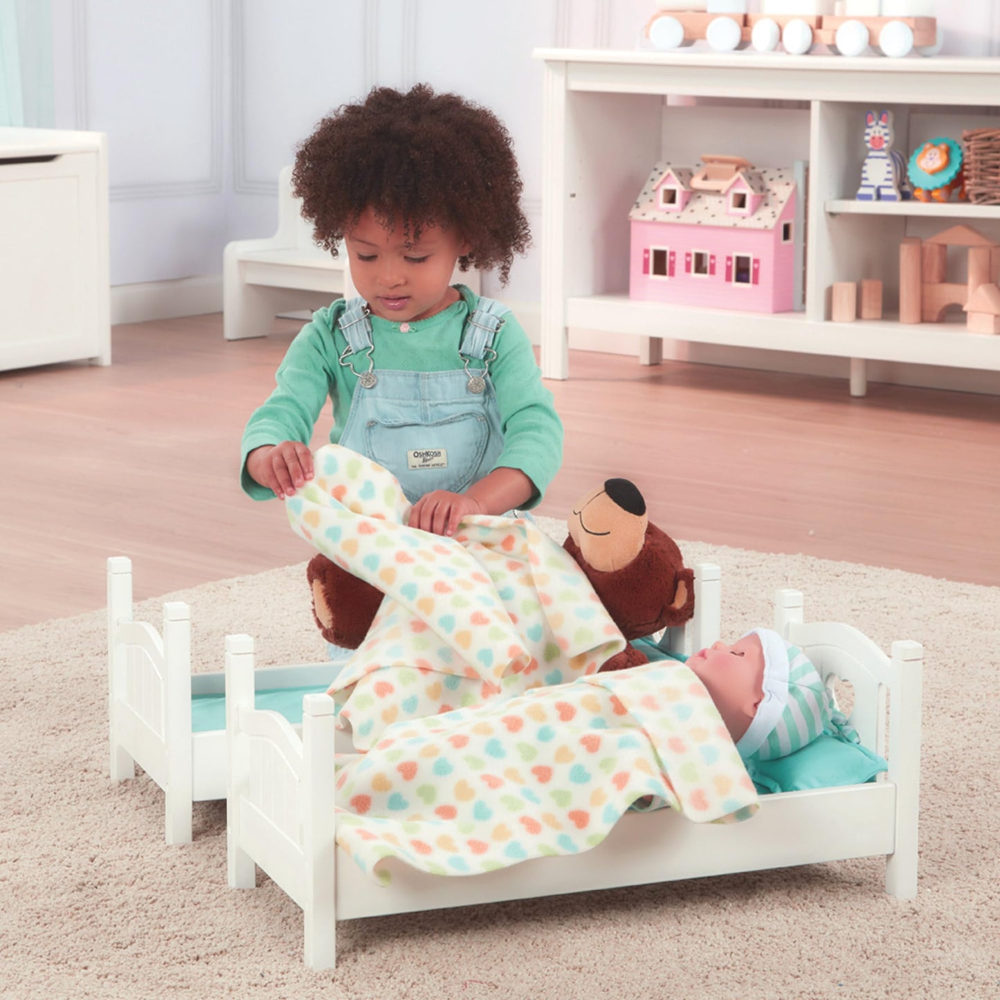 Melissa & Doug Mine to Love Wooden Play Bunk Bed for Dolls up to 18 inches-Stuffed Animals - White (2 Beds, 17.4”H x 9.1”W x 20.7”L Assembled and