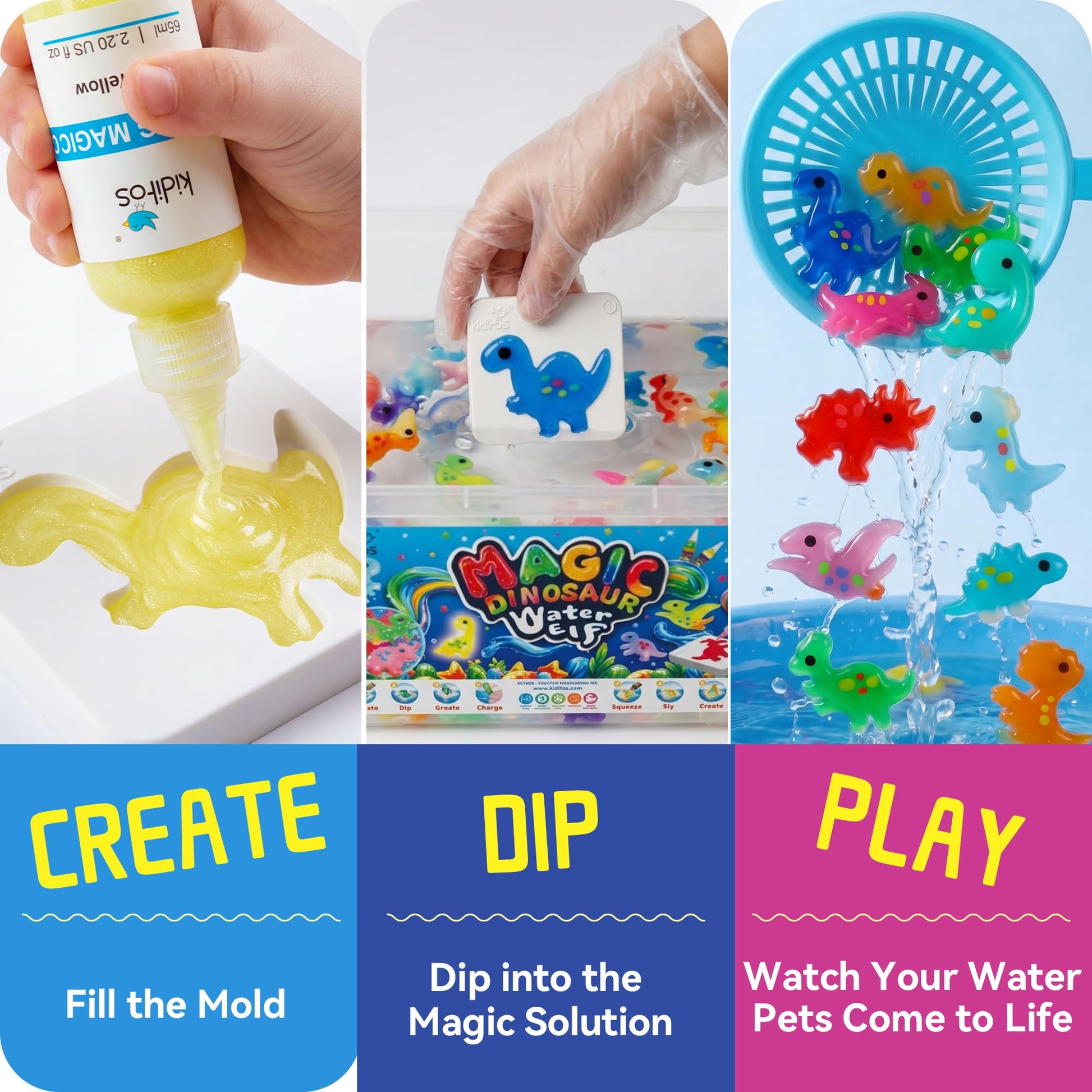 Kiditos Dinosaur Magic Water Elf Toy Kit-Squishies for Kids, 20 Gels & 10 Molds, Magic Gel Water Pets Sensory Toy, Fun DIY Craft Kit, Party Favors