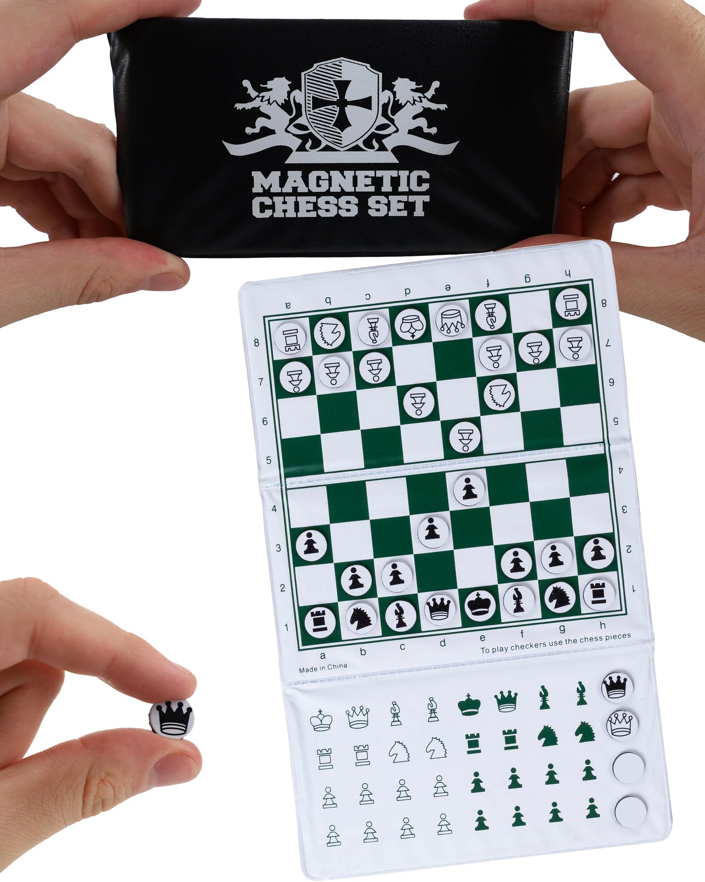 WE Games Mini Magnetic Travel Chess Set - 6-Inch Foldable Board with Durable Vinyl Pieces & Extra Queens- Indoor & Outdoor Magnetic Chess Game - White