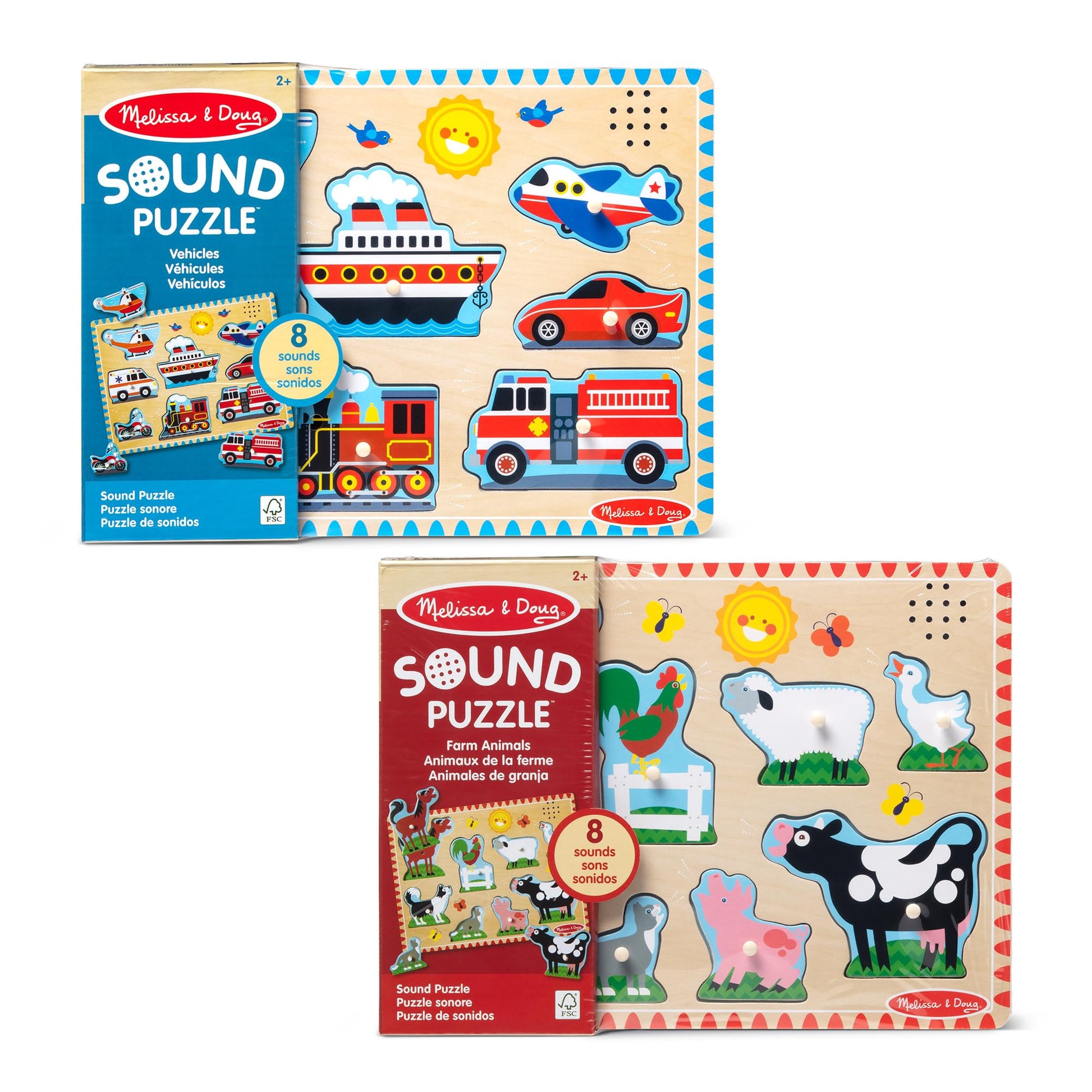 Melissa & Doug Wooden Light-Activated Sound Puzzle 2-Pack for Toddler and Preschool Boys and Girls - Farm Animals, Vehicles