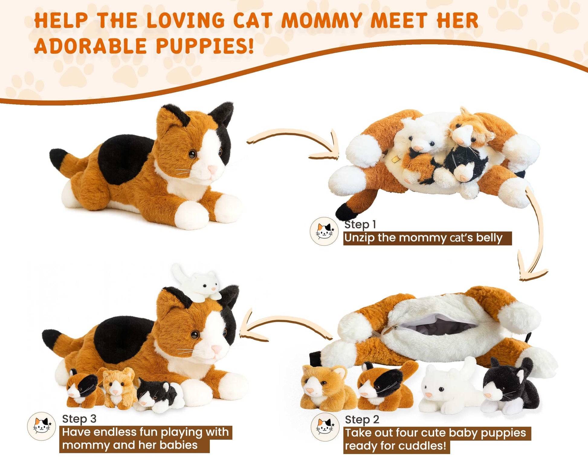 Chirpy Chums Classic Cat Family - 14” Mommy Cat Stuffed Animal with 4 Baby Kittens Inside, Zipper Belly Surprise Plush, Ultra-Soft Mommy & Baby Plush