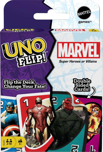 Mattel Games UNO Flip! Marvel Card Game for Kids, Adults & Family Night with Double-Sided Cards, Heroes vs. Villains