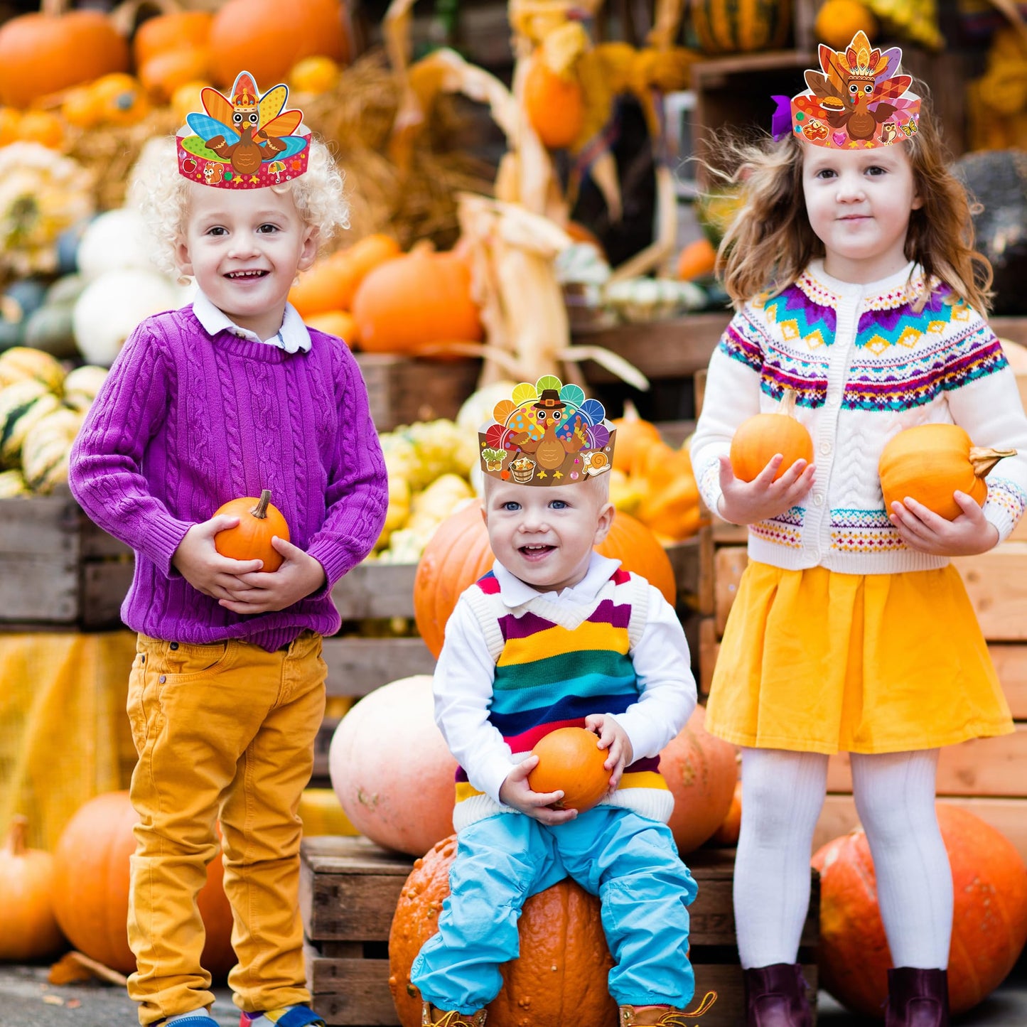 EUVBOKW 24 Pack Thanksgiving DIY Turkey Headband Craft Kit-Create Your Own Fall Paper Crown Hats , Gems,Googly Eyes for Party and Holiday Activity