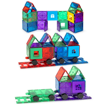 Playmags Magnetic Tiles Train Car Set for Kids - 55pcs Magnet Building Blocks Accessory Set with 4 Cars - Durable Creative STEM Learning Toys