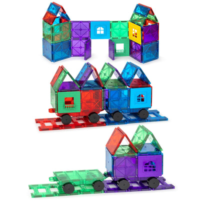 Playmags Magnetic Tiles Train Car Set for Kids - 55pcs Magnet Building Blocks Accessory Set with 4 Cars - Durable Creative STEM Learning Toys