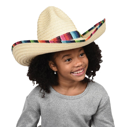 GiftExpress Mexican Sombrero Hat Child Size with Serape Trim, Straw Sombrero for Cinco de Mayo, Mexican Party and Fiesta
