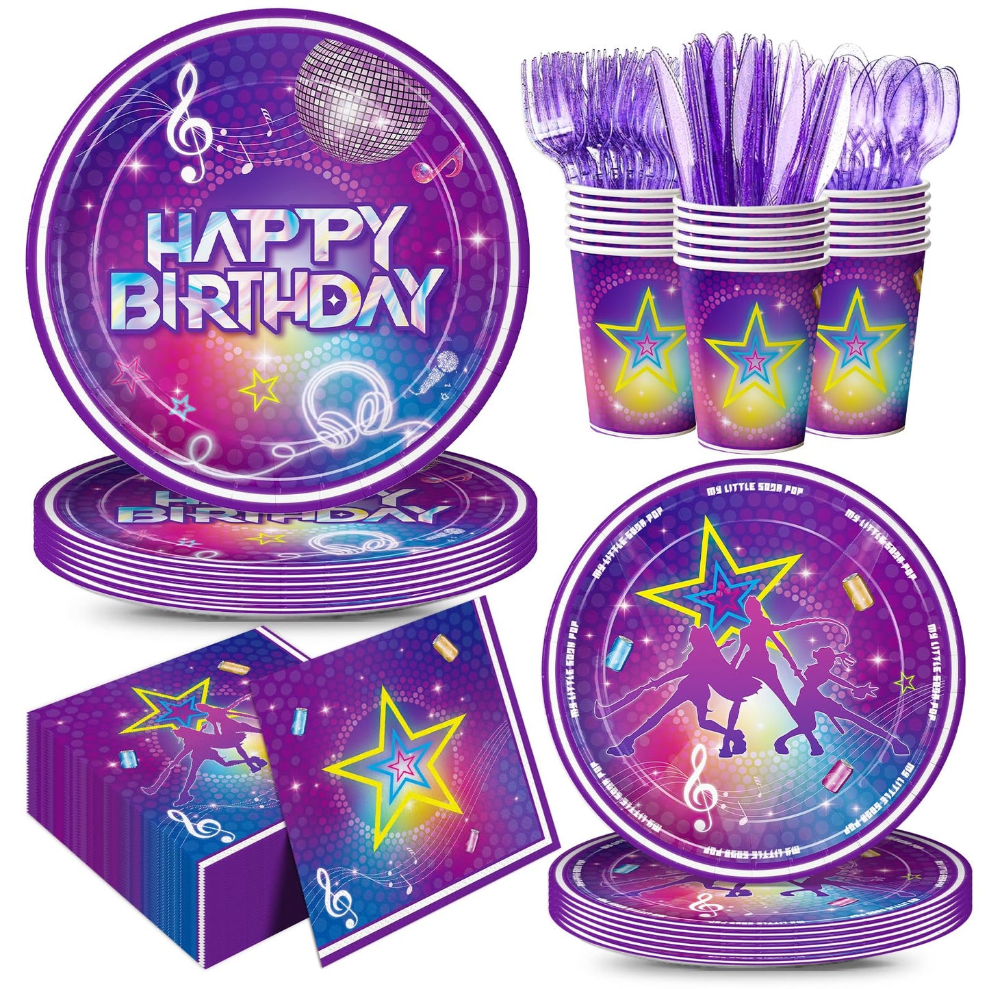 Elzoviran 168pcs Birthday Party Plates Napkins Purple Magical Music Party Supplies Disposable Tableware Set Dance Birthday Decorations for Girls Serve