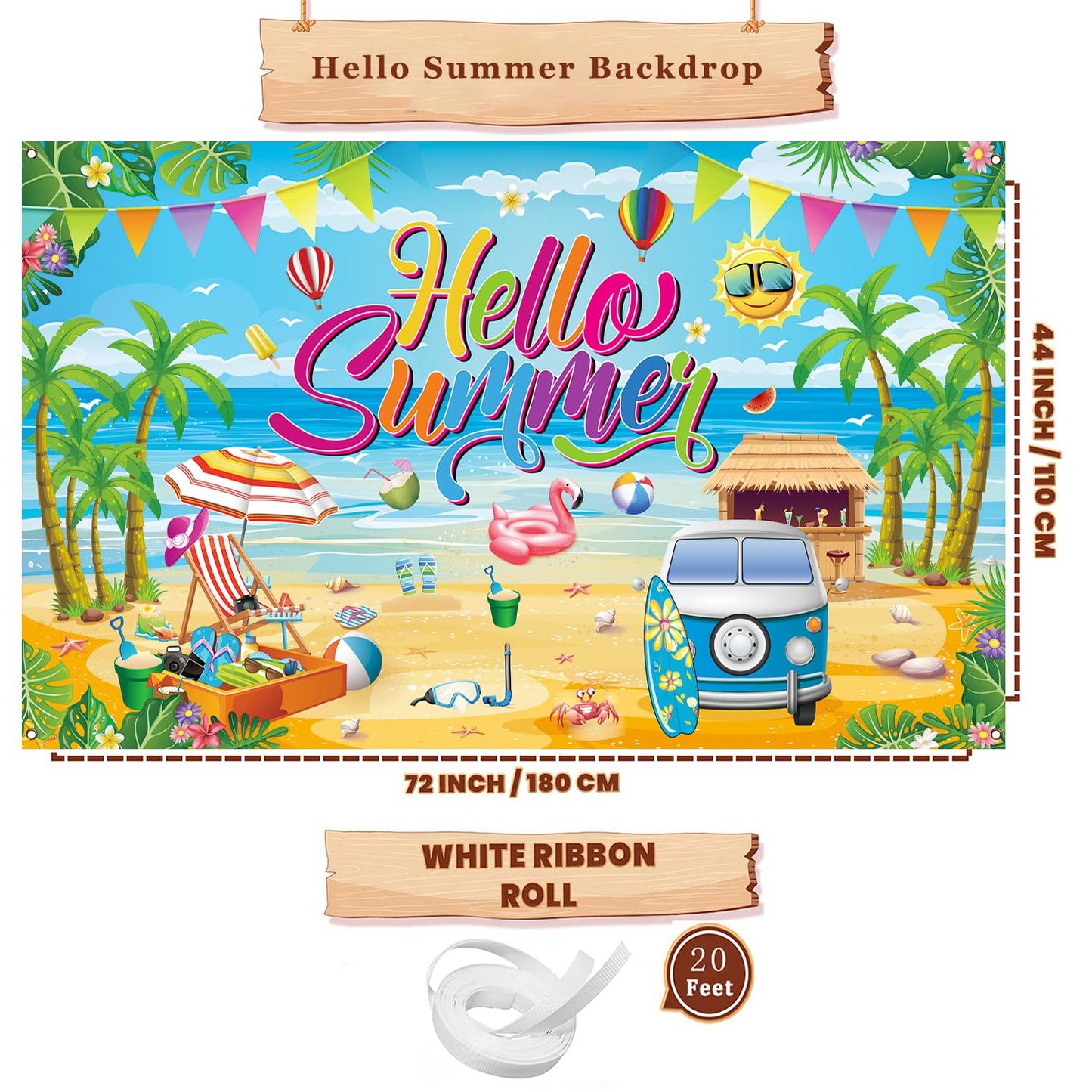 Summer Party Decorations, Hello Summer Beach Party Backdrop Banner for Hello Summer Decorations, 71 x 43 inch