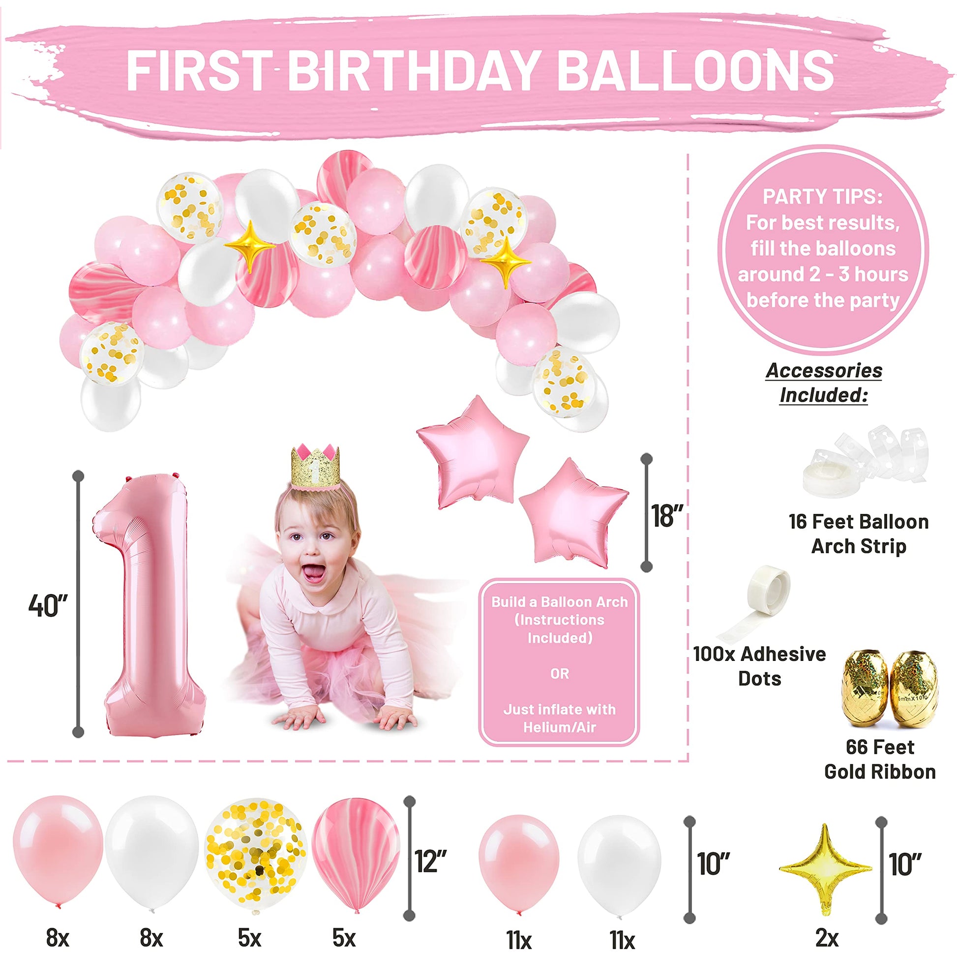 First Birthday Decorations for Girl | 1st Baby Girl Number 1 Balloon, Happy Birthday Banner, “One” Cake Topper, Star Garland, Marble Pink, Gold