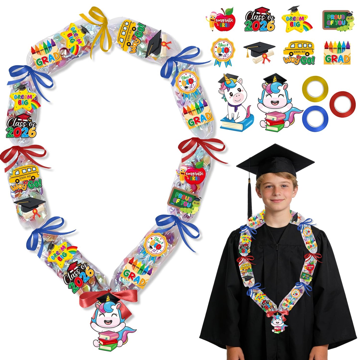 Silkovahamd Kindergarten Graduation Leis 2026 - Candy Lei Making Kit, 12 Candy Poly Tubing Clear 60 Paper Cards 3 Ribbon Rolls, Class of 2026