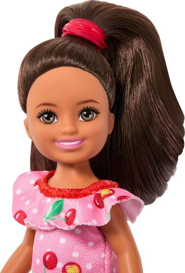 Barbie Club Chelsea Small Doll, 6-Inch Lula with Brunette Hair Wearing Removable Cherry-Print Dress & Sandals