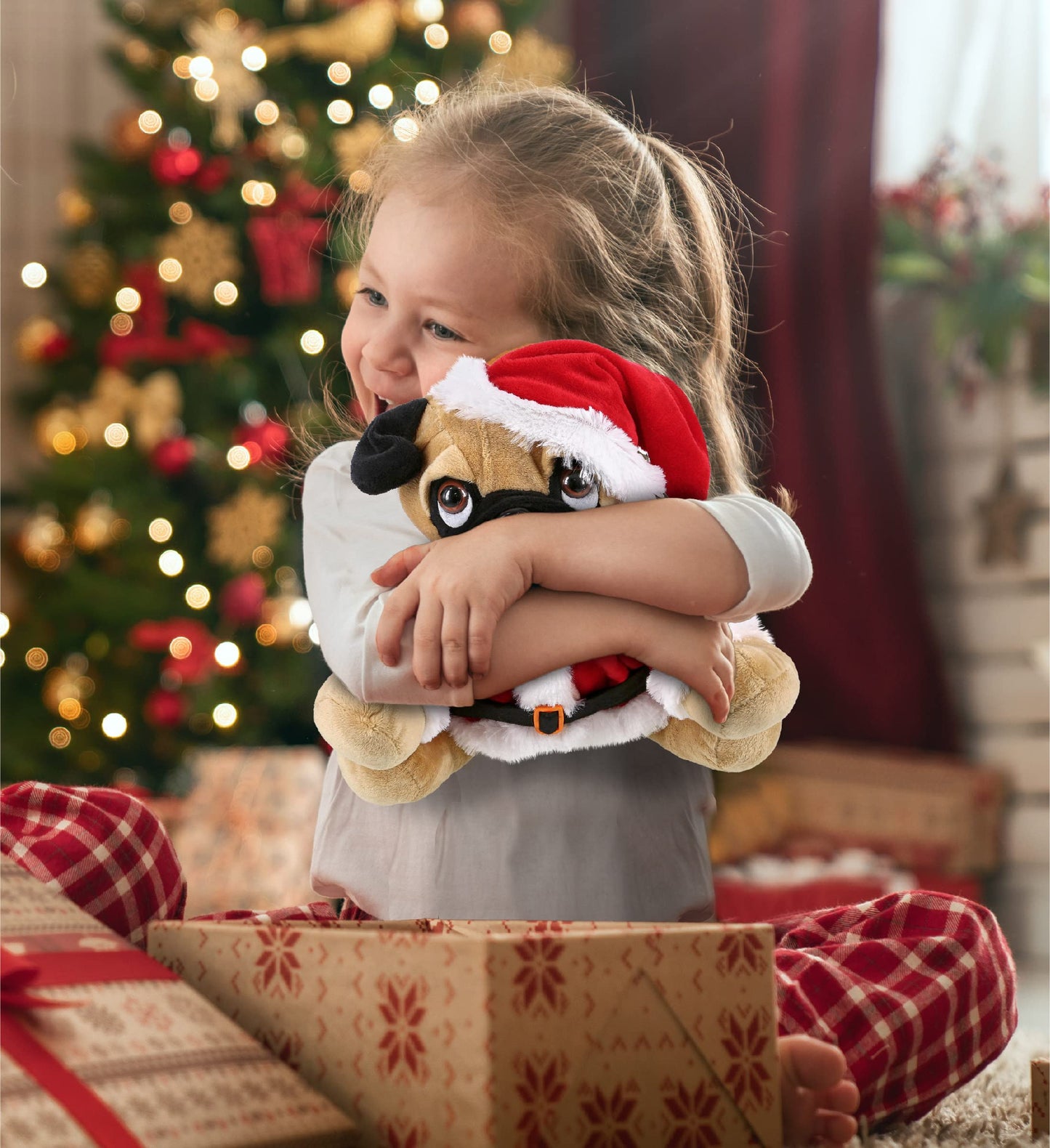 DolliBu Santa Pug Dog Stuffed Animal Plush Toy - Super Soft Dog Plush Dress Up with Red Santa Claus Outfit, Perfect Holiday 10 Inches