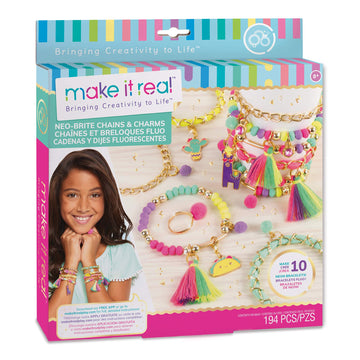 Make It Real: Neo-Brite Chains & Charms Kit - Create 10 Unique Cord & Tassel Charm Bracelets, 195 Pieces, Includes Play Tray,DIY Playful Charm