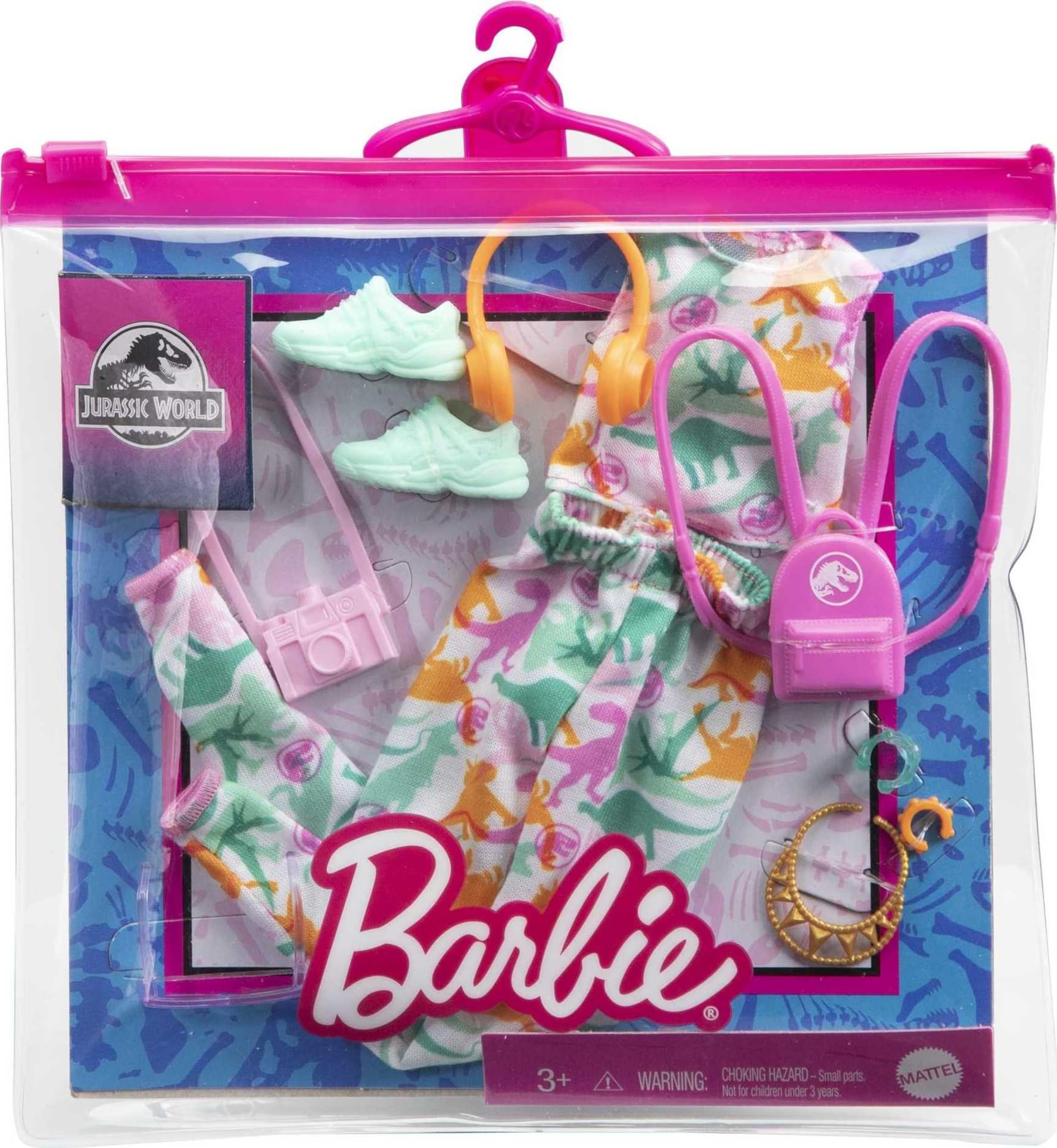 Barbie Fashion Pack of Doll Clothes Inspired by Jurassic World, Collectible Set Includes Crop Top & Jogger Pants with Dinosaur Print & 8 Accessories