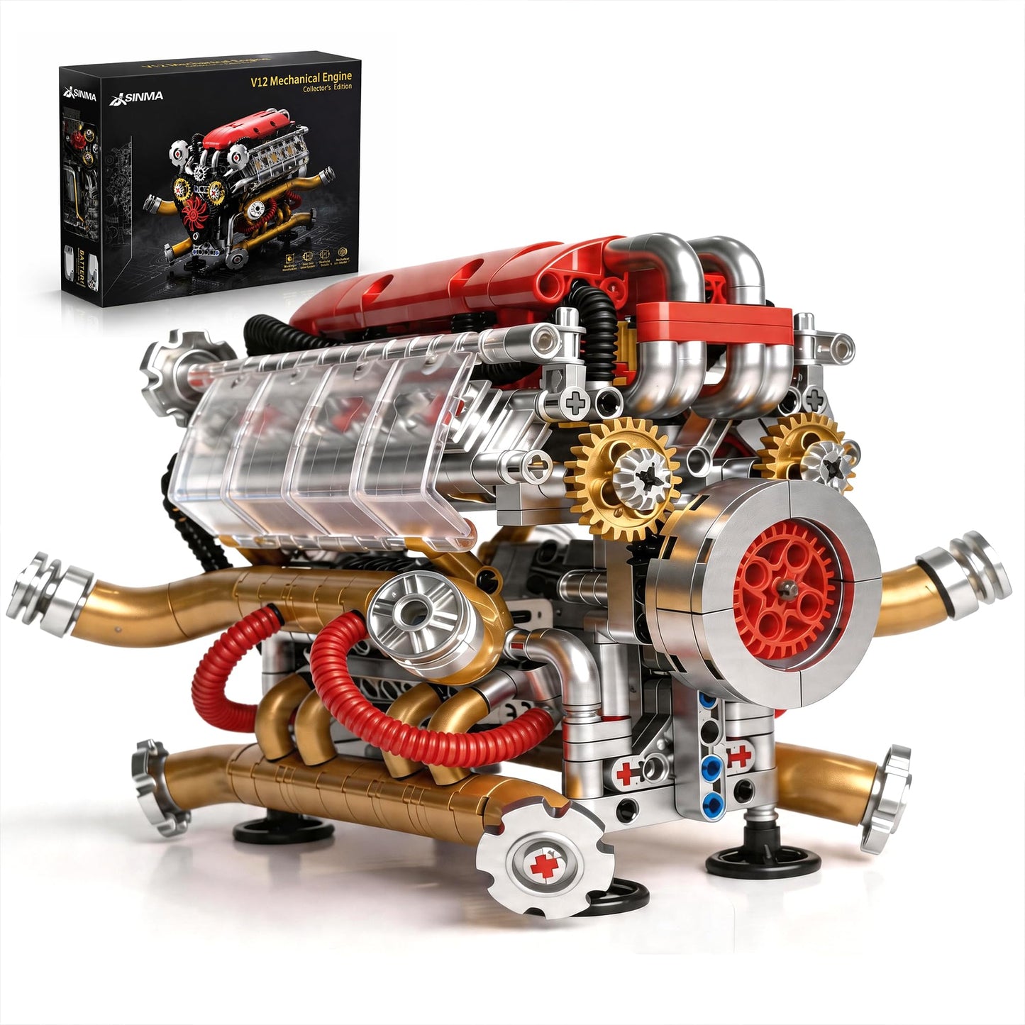 JSINMA V12 Engine Model Kit that Runs, Motorized Mechanical Building Set for Adults with Visible Moving Pistons, Transparent Side Cover, Desk Display