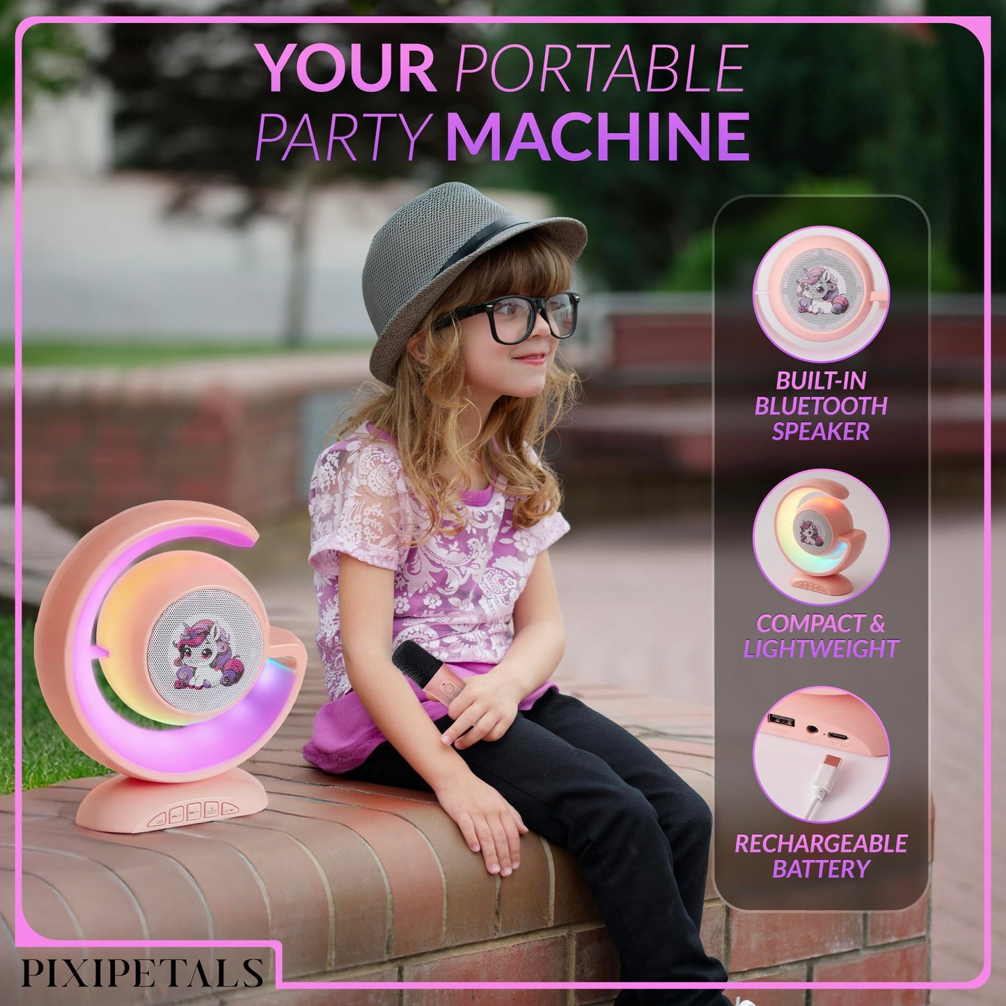 Portable Bluetooth Karaoke Machine for Kids - Karaoke Speaker for Girls with 2 Wireless Microphones, Party Lights, and Voice Effects - Pink Unicorn