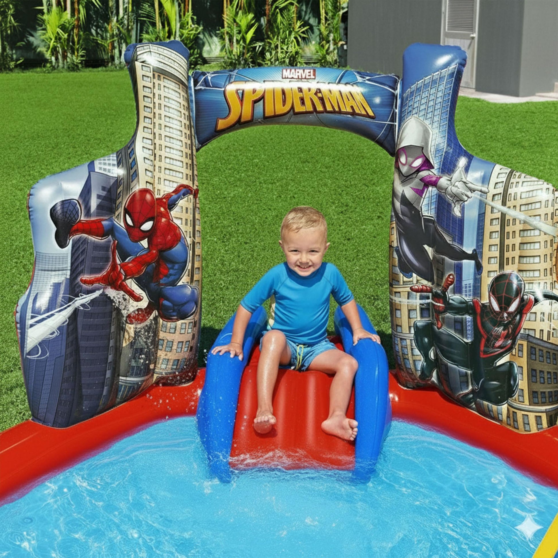 Marvel Spider-Man Inflatable Kids Backyard Water Play Center - Outdoor Sprayer Splash Kiddie Pool with Water Slide Arch, 6 Balls, Ring Toss