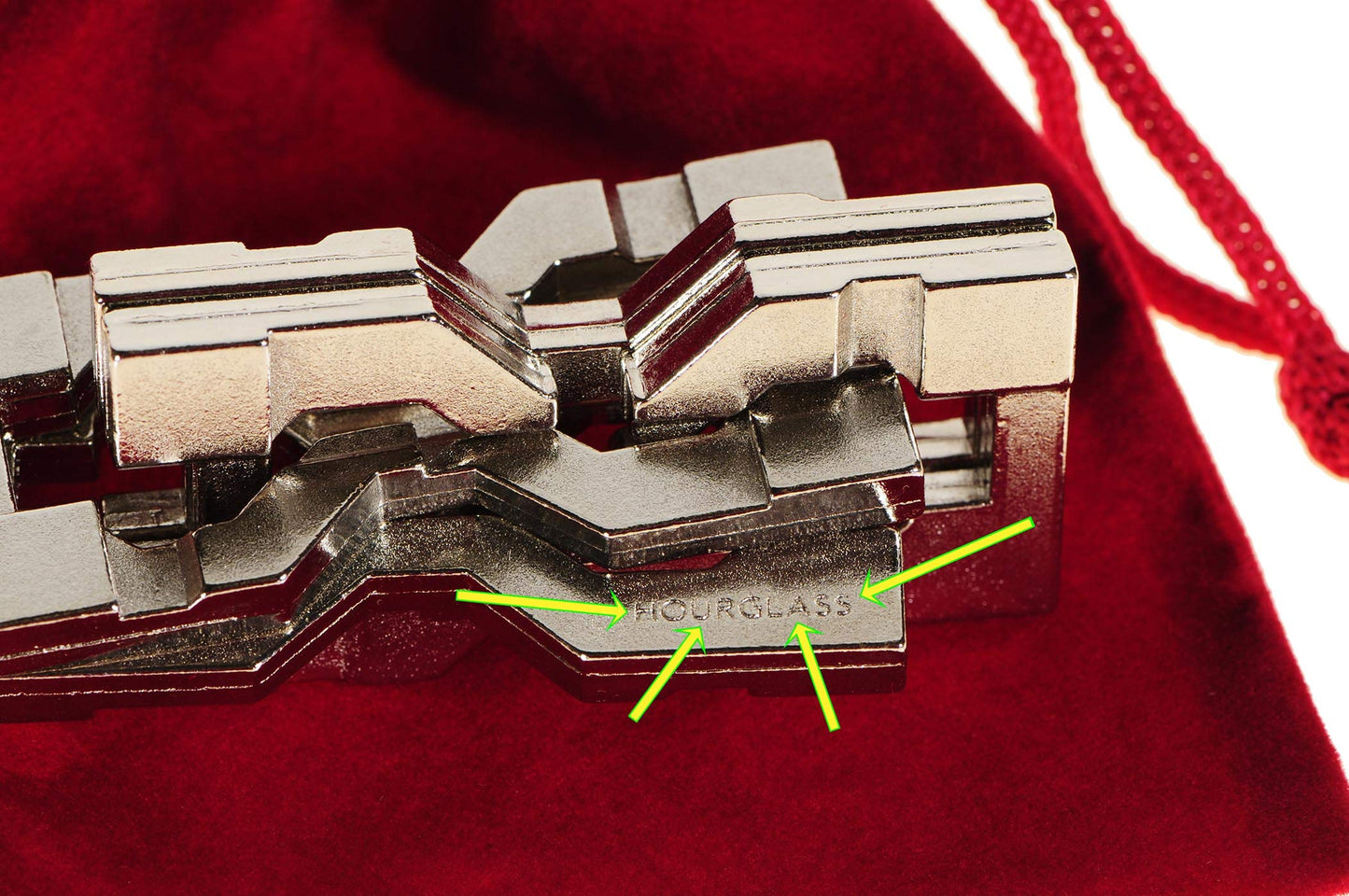 Hourglass Hanayama Brain Teaser Puzzle, New 2019 Release, Level 6 Difficulty Rating, RED Velveteen Pouch