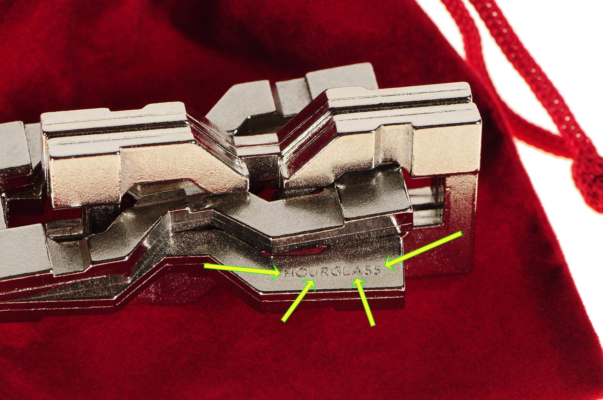 Hourglass Hanayama Brain Teaser Puzzle, New 2019 Release, Level 6 Difficulty Rating, RED Velveteen Pouch