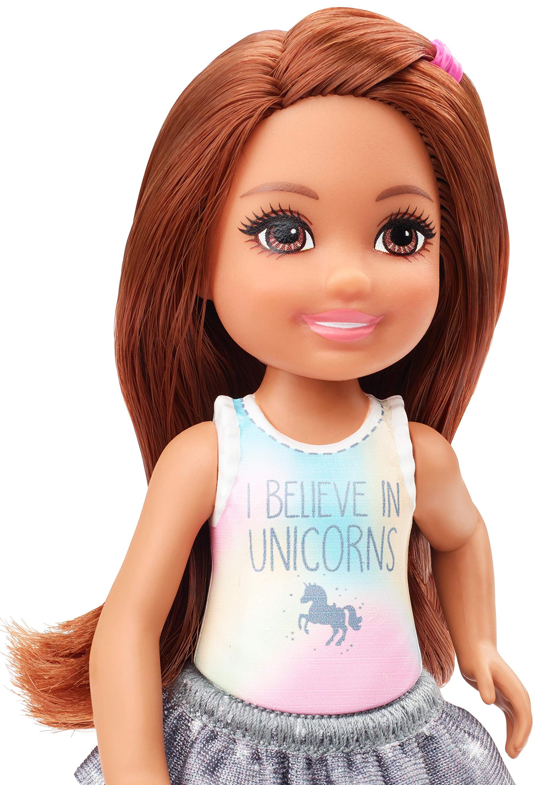 Barbie Club Chelsea Doll (6-inch Brunette) Wearing Unicorn-Themed Graphic and Star Skirt, for 3 to 7 Year Olds